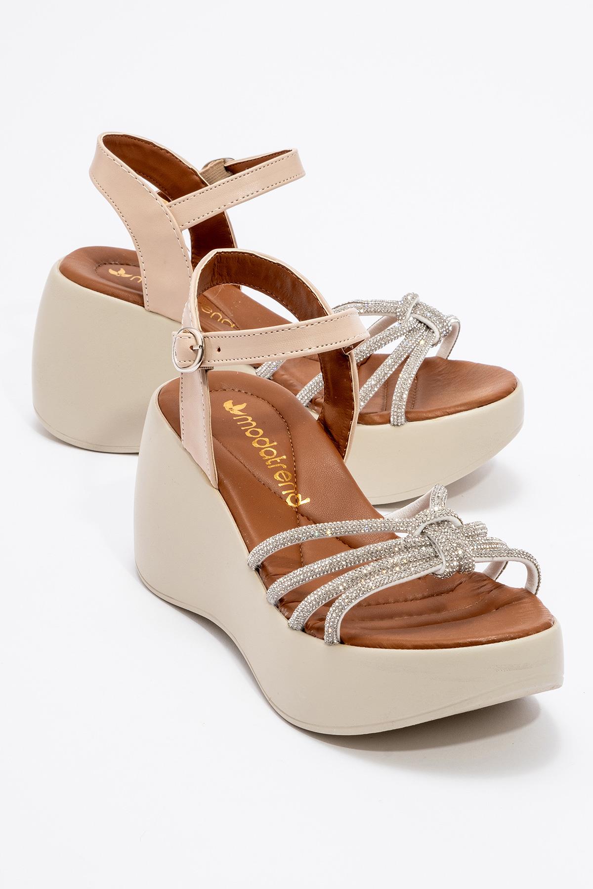 Kadın Biyeli Taşlı Sandalet BEJ - Görsel 3