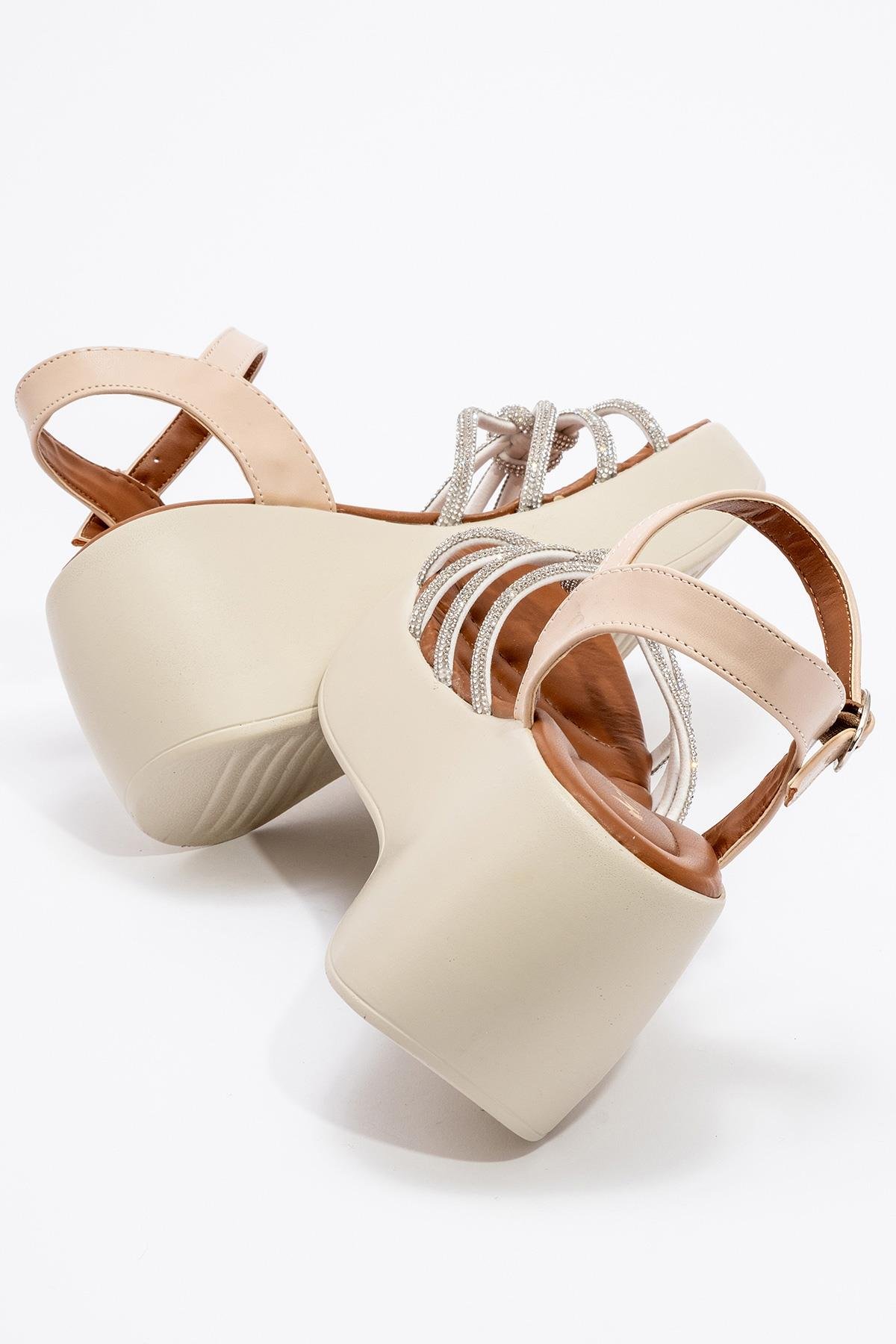 Kadın Biyeli Taşlı Sandalet BEJ - Görsel 5