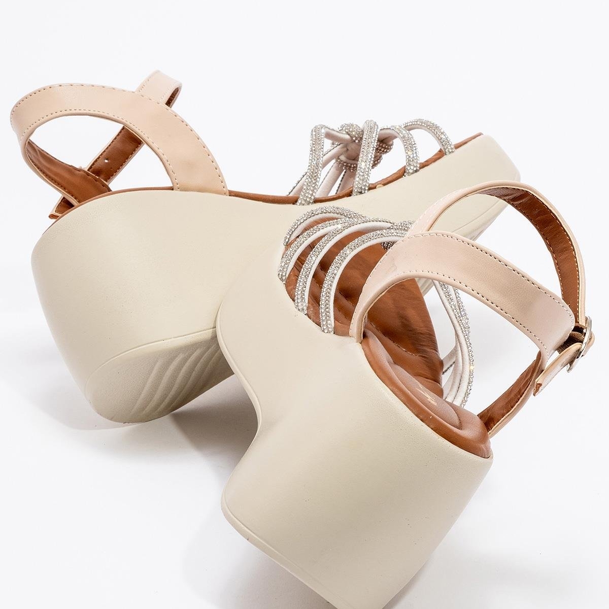 Kadın Biyeli Taşlı Sandalet BEJ - Görsel 7