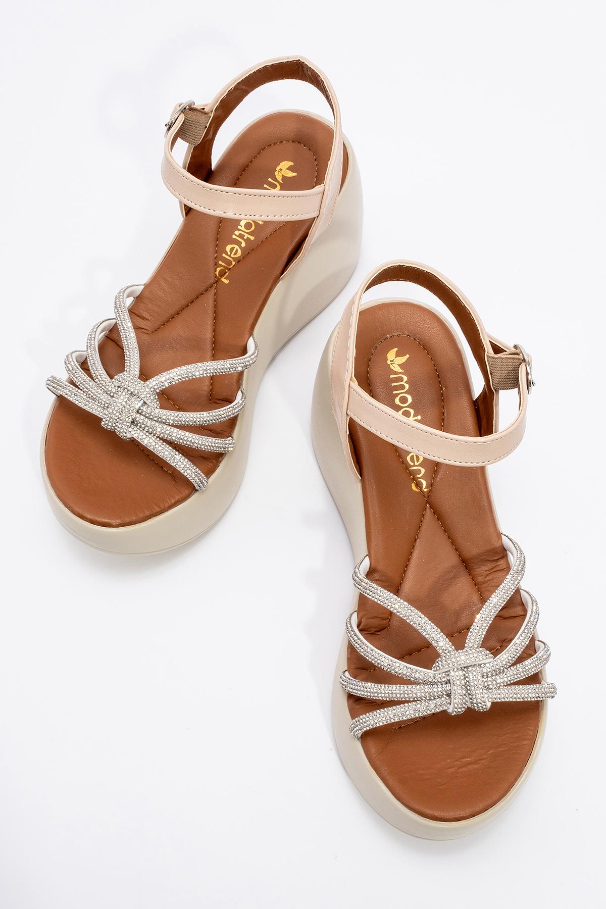 Kadın Biyeli Taşlı Sandalet BEJ - Görsel 6