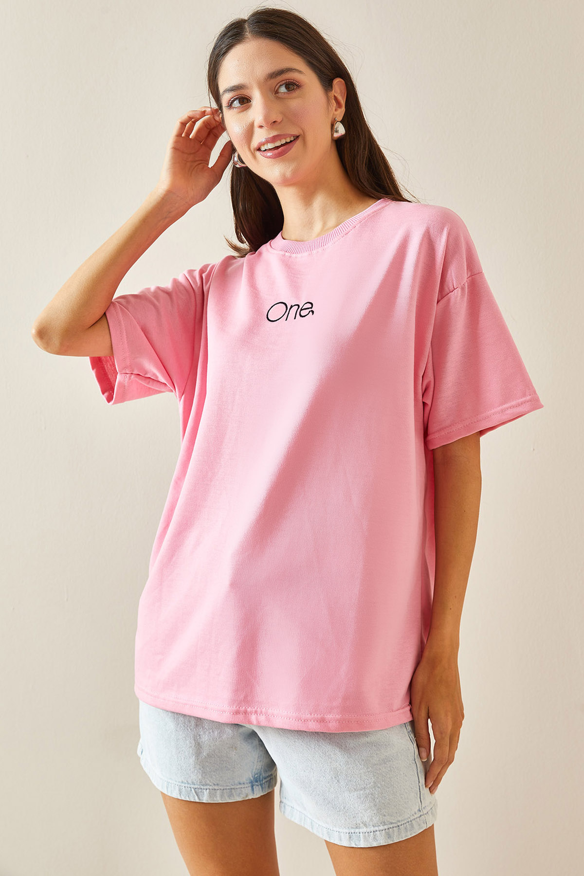 Pembe Bisiklet Yaka Yazılı Oversize Tshirt 5YXK1-48703-20