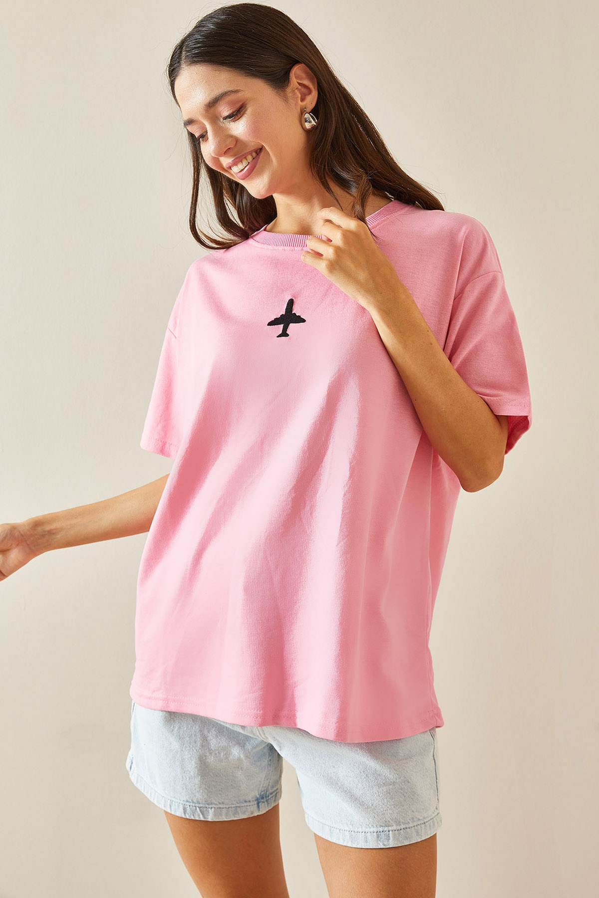 Pembe Bisiklet Yaka Yazılı Oversize Tshirt 5YXK1-48701-20