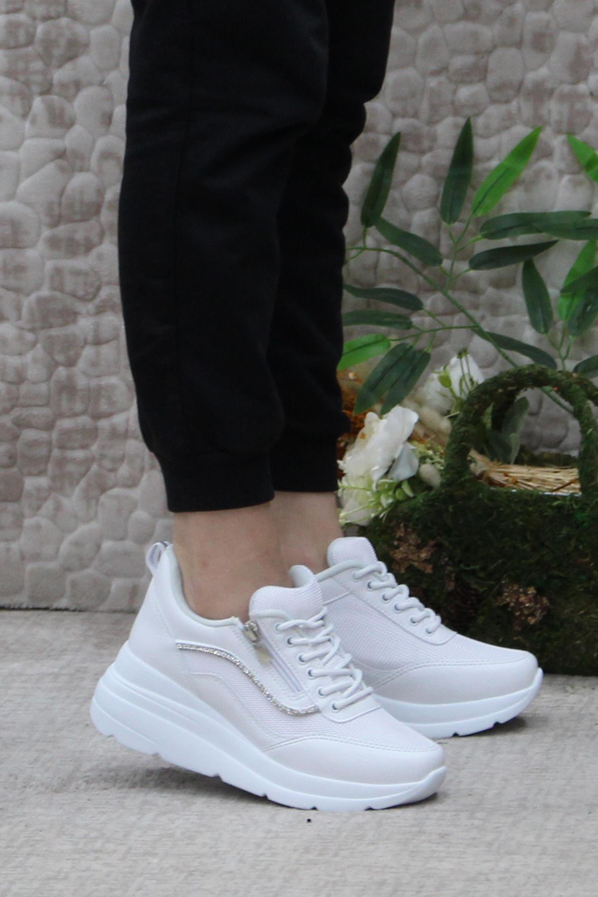 Flet 207 Beyaz Fermuarlı Bağçıklı Dolgu Taban Kadın Spor Ayakkabı - Görsel 2