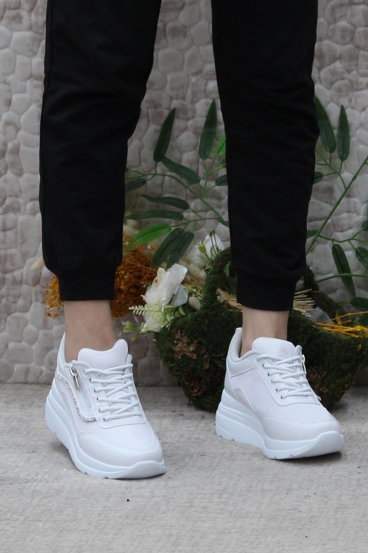 Flet 207 Beyaz Fermuarlı Bağçıklı Dolgu Taban Kadın Spor Ayakkabı - Görsel 3