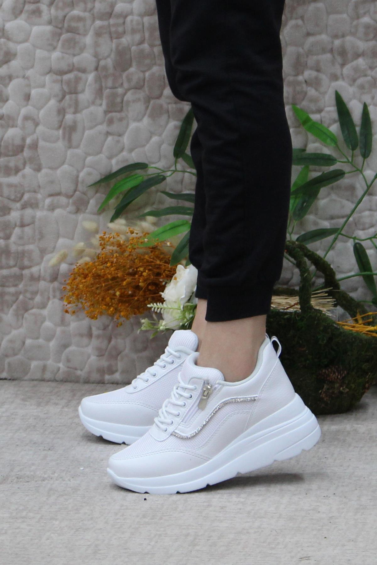 Flet 207 Beyaz Fermuarlı Bağçıklı Dolgu Taban Kadın Spor Ayakkabı - Görsel 4