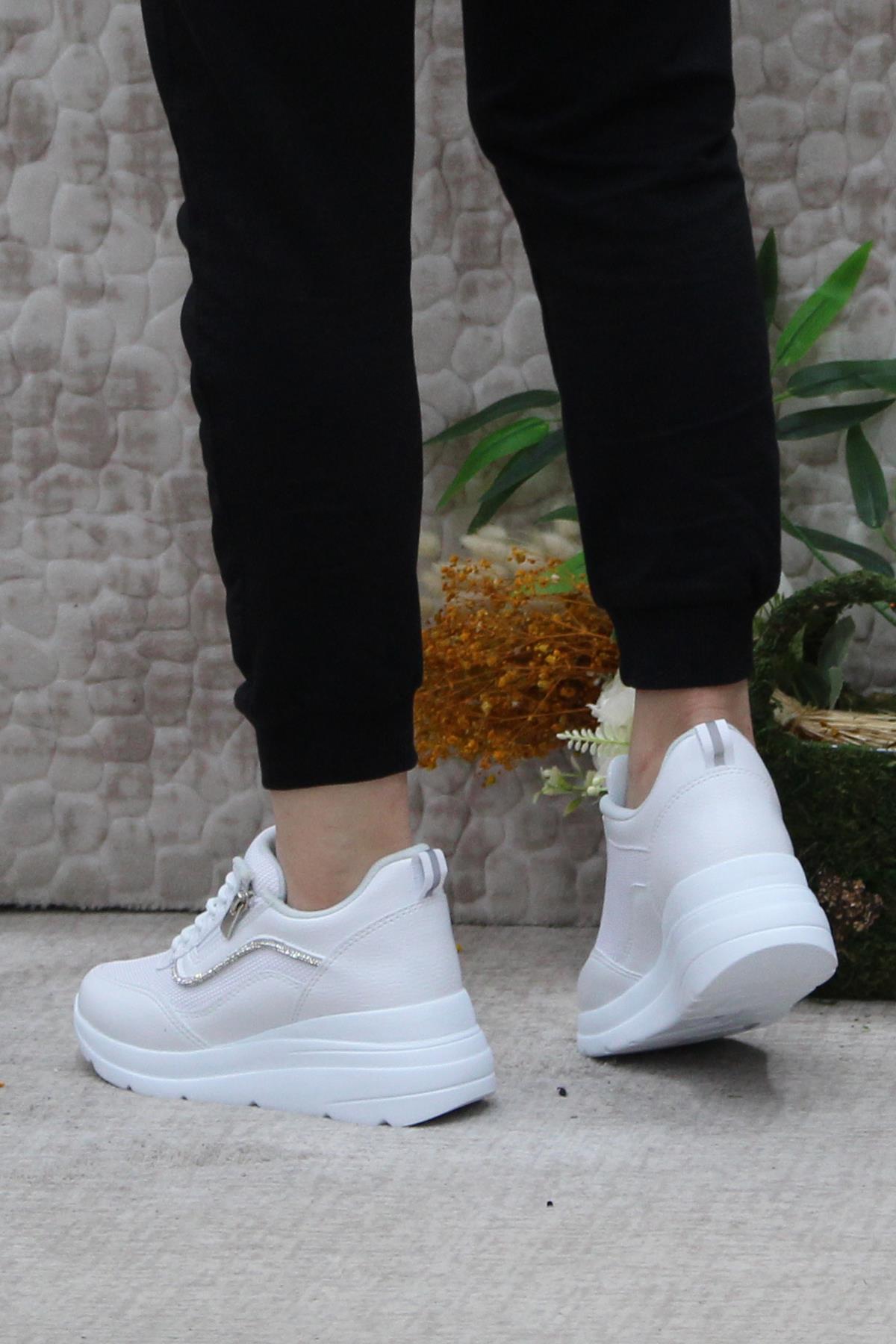 Flet 207 Beyaz Fermuarlı Bağçıklı Dolgu Taban Kadın Spor Ayakkabı - Görsel 5