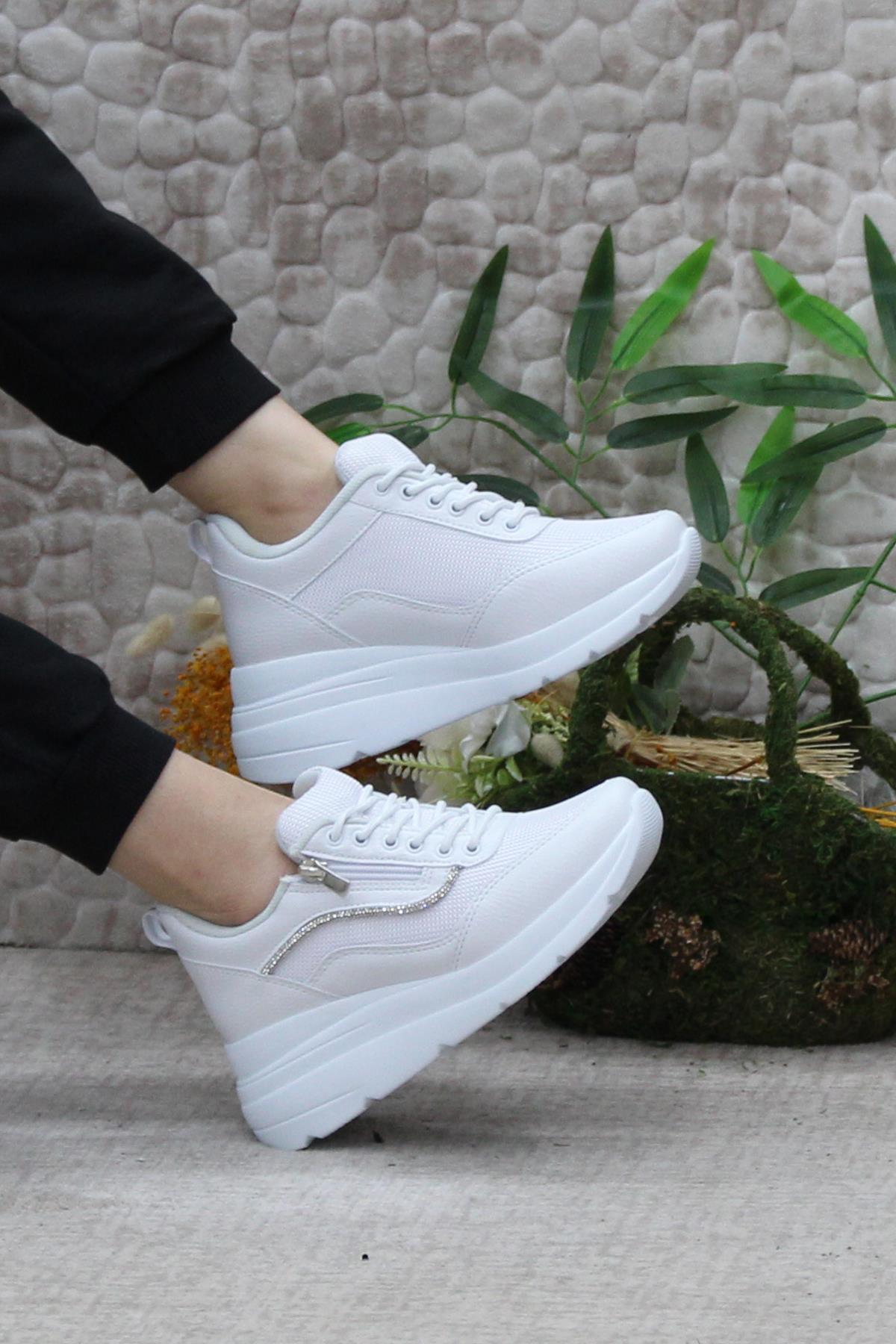 Flet 207 Beyaz Fermuarlı Bağçıklı Dolgu Taban Kadın Spor Ayakkabı - Görsel 6