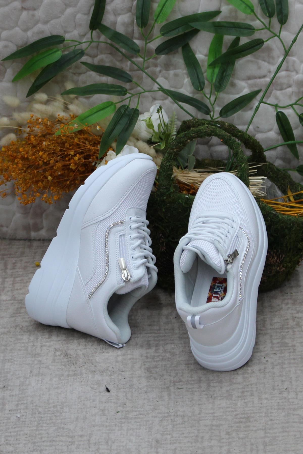 Flet 207 Beyaz Fermuarlı Bağçıklı Dolgu Taban Kadın Spor Ayakkabı - Görsel 7