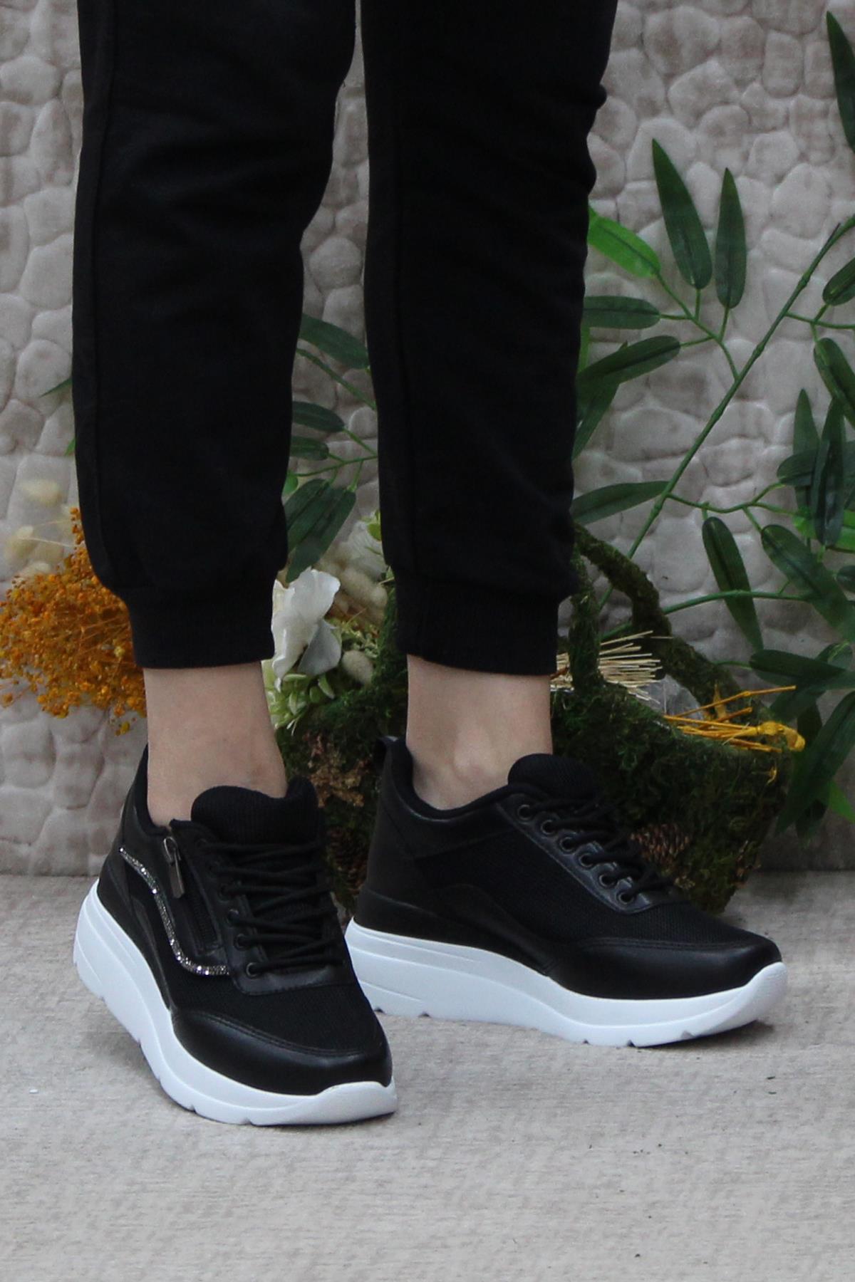 Flet 207 Siyah Beyaz Fermuarlı Bağçıklı Dolgu Taban Kadın Spor Ayakkabı - Görsel 3