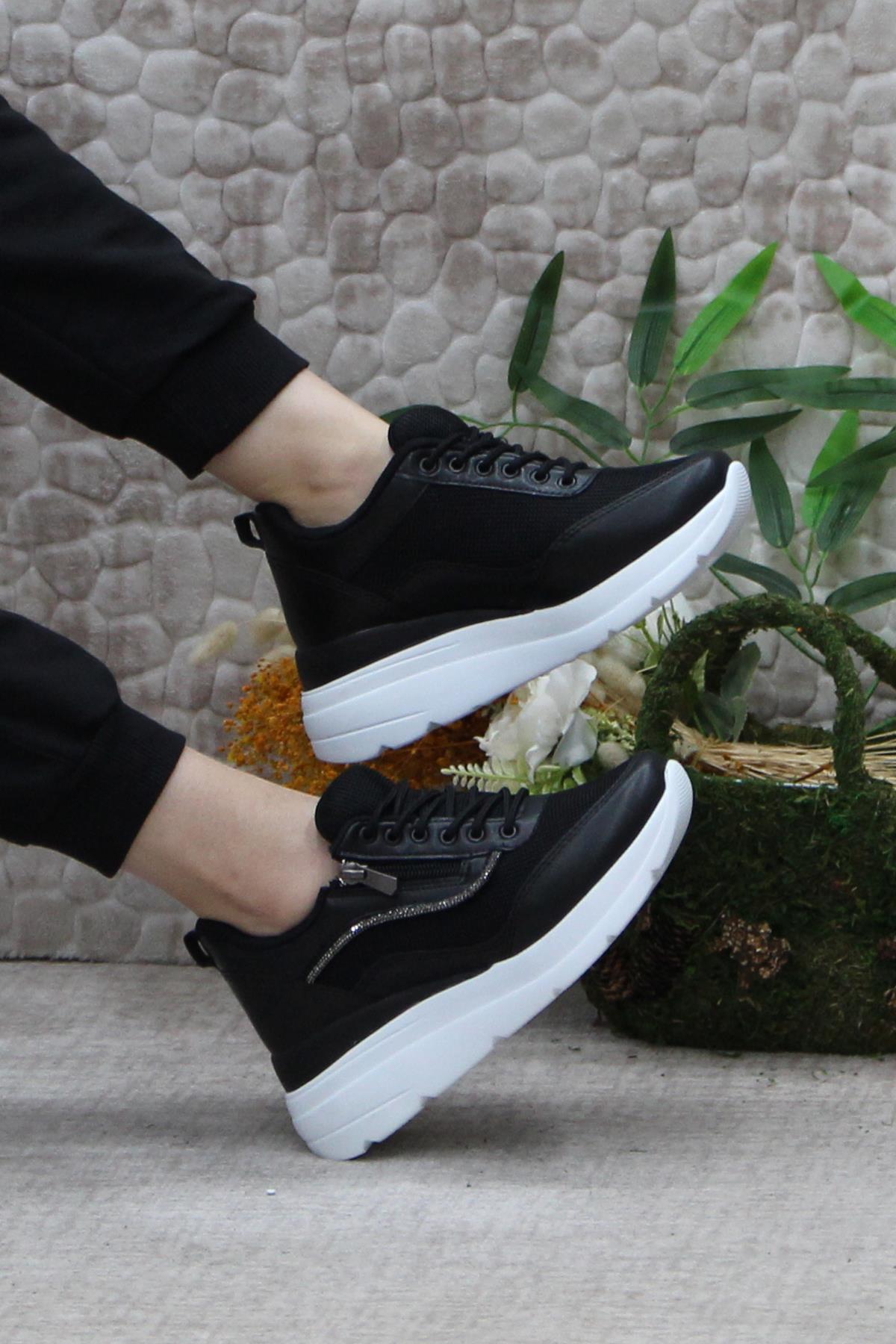 Flet 207 Siyah Beyaz Fermuarlı Bağçıklı Dolgu Taban Kadın Spor Ayakkabı - Görsel 6