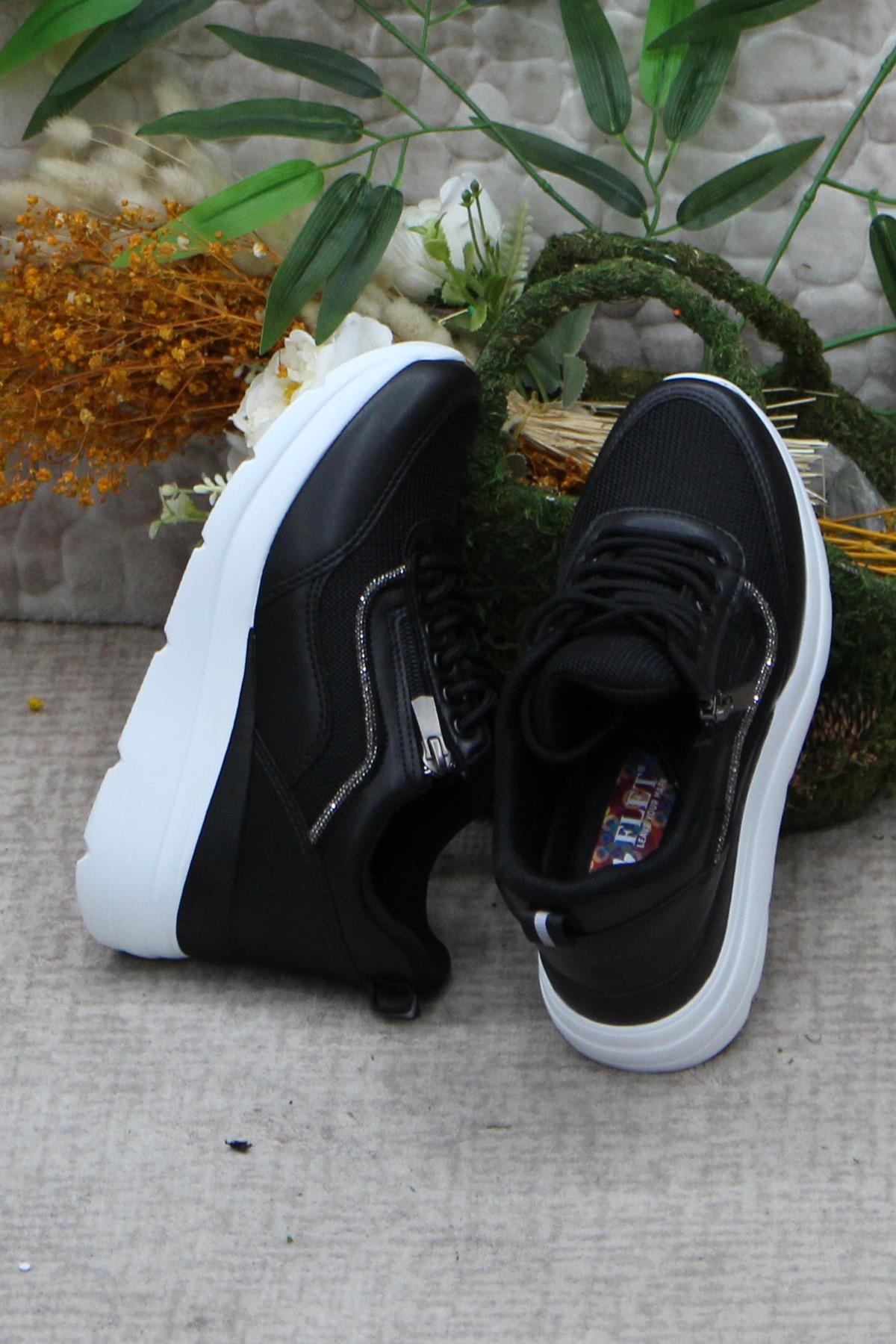 Flet 207 Siyah Beyaz Fermuarlı Bağçıklı Dolgu Taban Kadın Spor Ayakkabı - Görsel 7