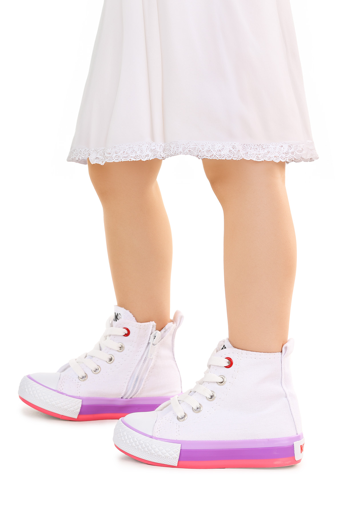 Tinna Bağcıklı Kız Bebek Boğazlı Keten Spor Ayakkabı Beyaz - Pembe - Görsel 3