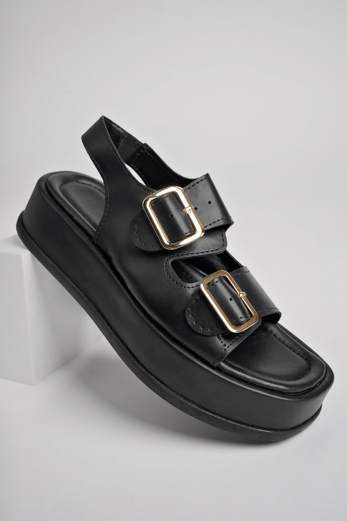 WANDA Garantili Dolgu Topuklu Çift Bantlı Toka Detaylı Lastikli Kadın Sandalet - Görsel 7