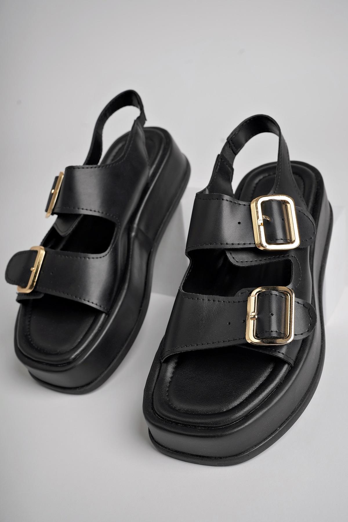 WANDA Garantili Dolgu Topuklu Çift Bantlı Toka Detaylı Lastikli Kadın Sandalet - Görsel 8