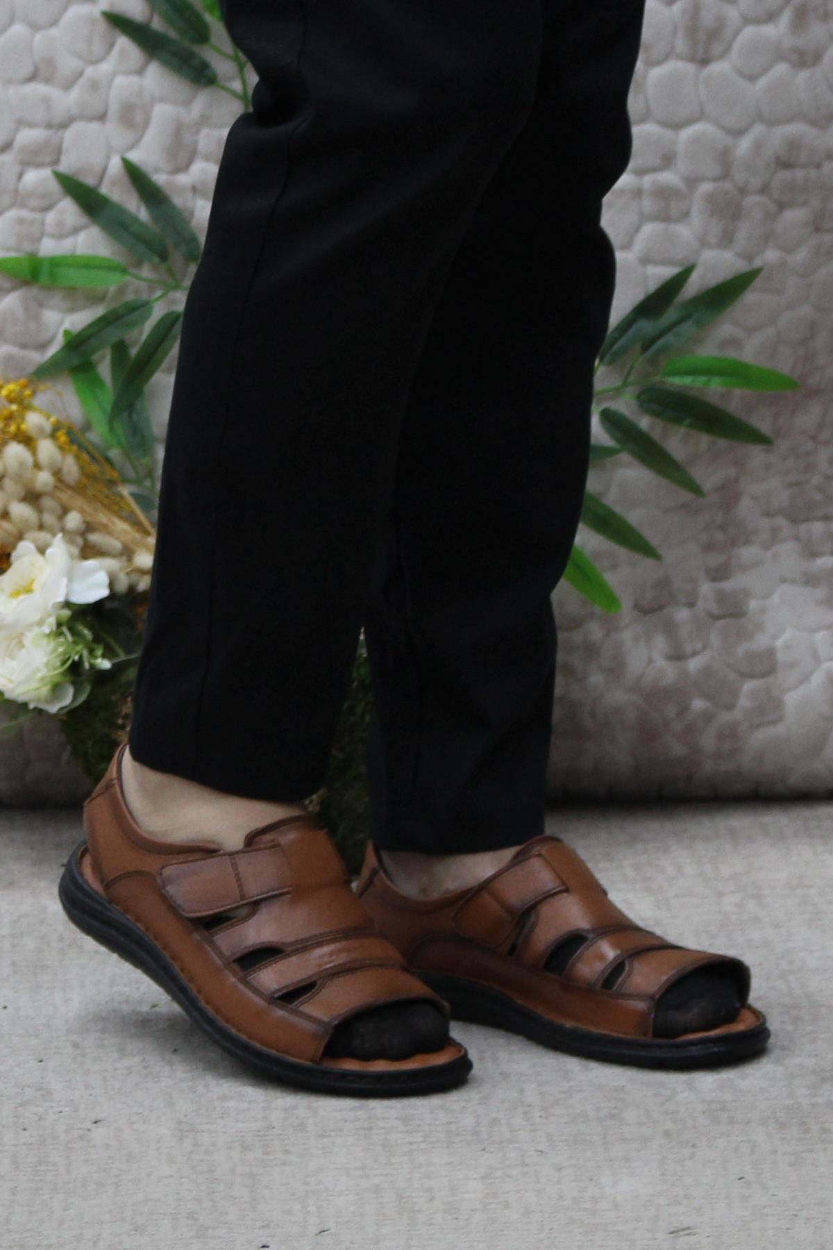 106 Taba Kale Comfort Hakiki Deri Erkek Sandalet - Görsel 3