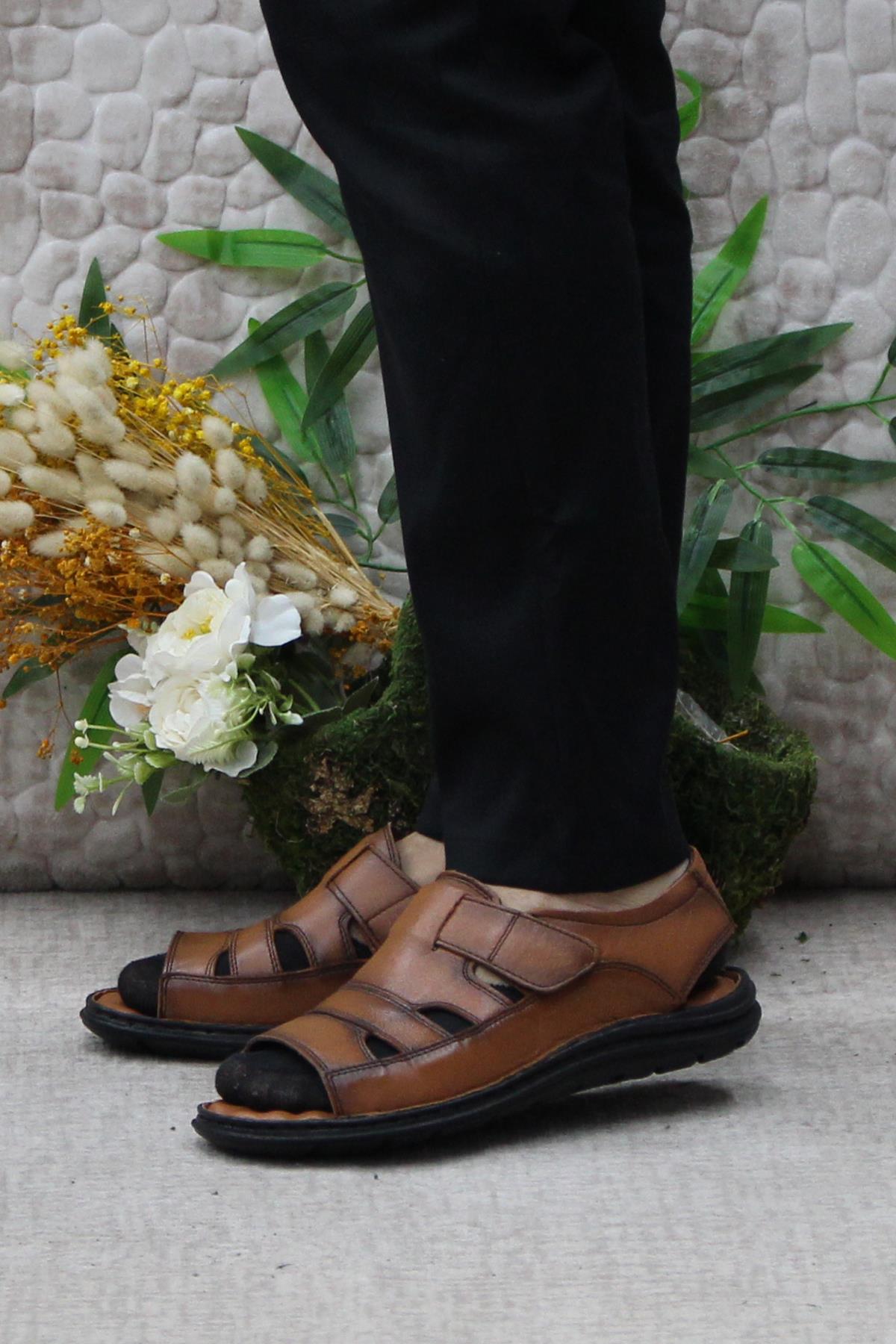 106 Taba Kale Comfort Hakiki Deri Erkek Sandalet - Görsel 4