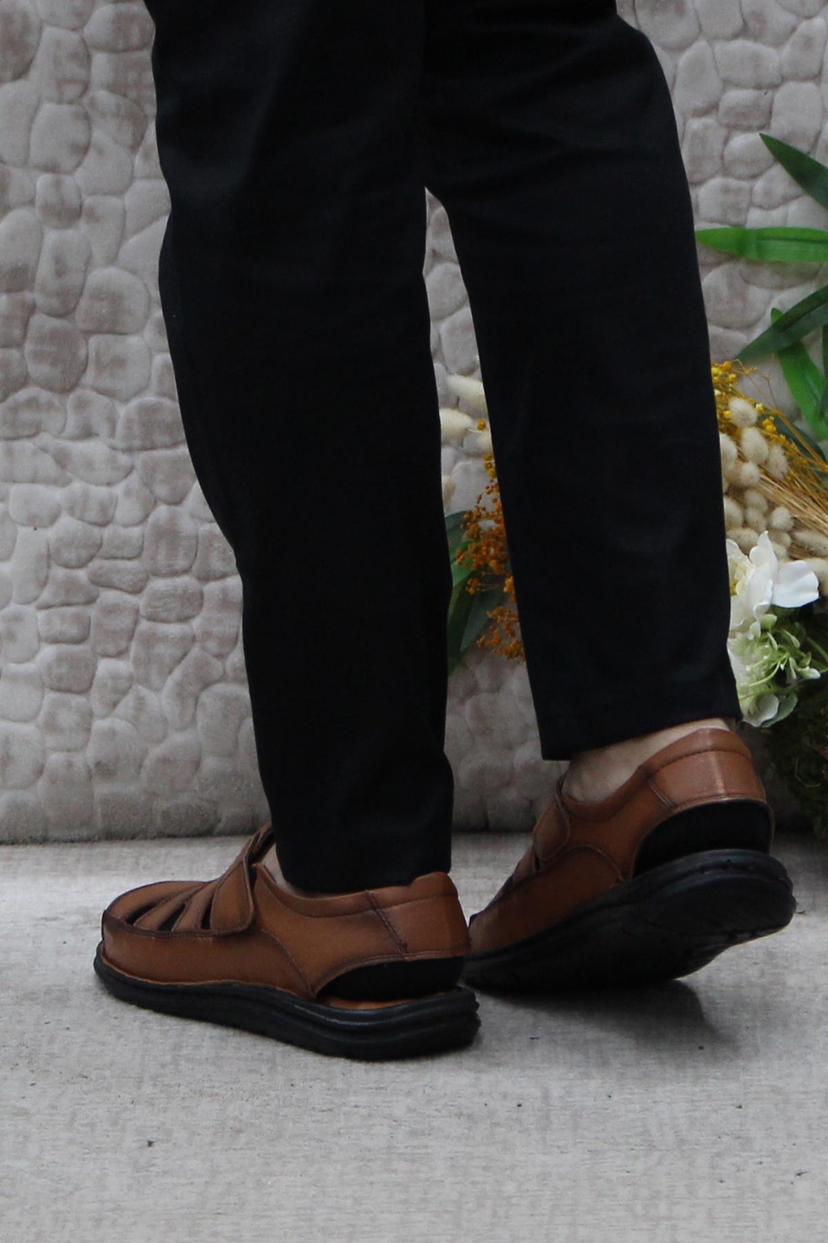 106 Taba Kale Comfort Hakiki Deri Erkek Sandalet - Görsel 5