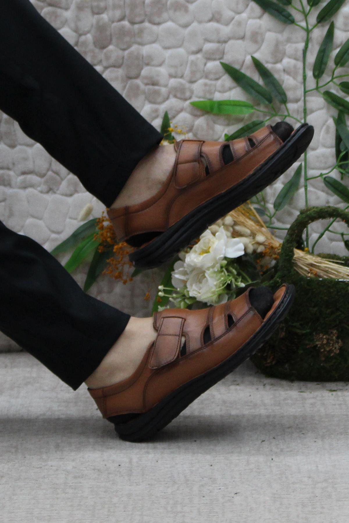 106 Taba Kale Comfort Hakiki Deri Erkek Sandalet - Görsel 6