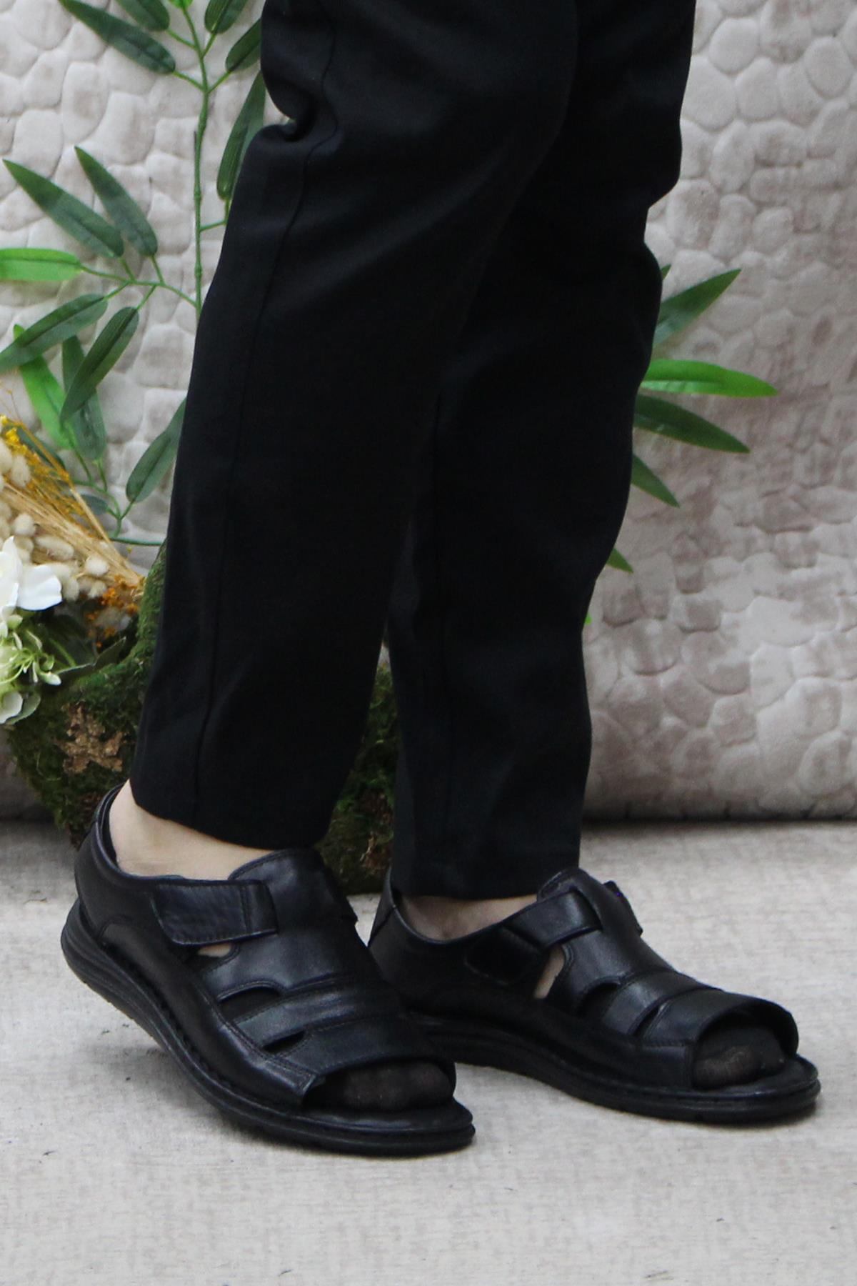 106 Siyah Kale Comfort Hakiki Deri Erkek Sandalet - Görsel 3