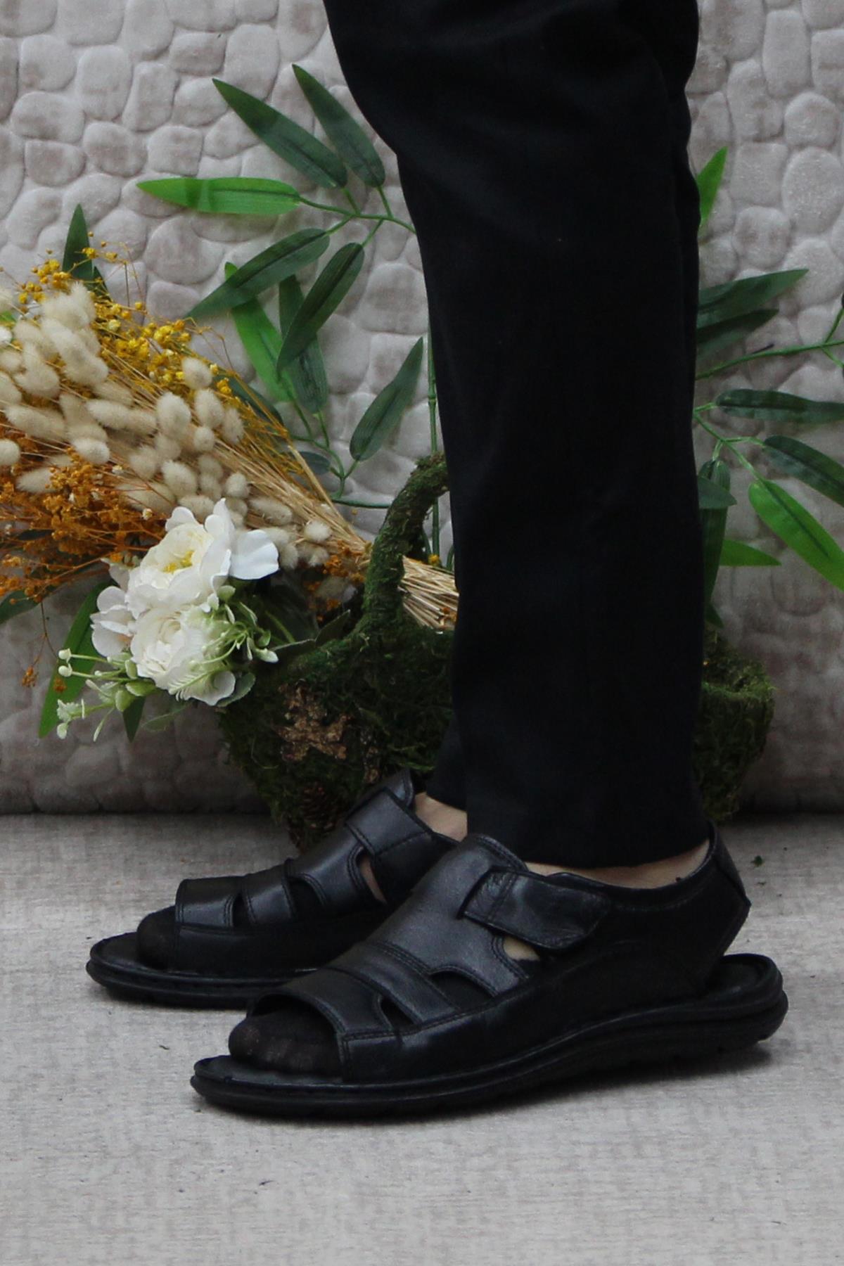 106 Siyah Kale Comfort Hakiki Deri Erkek Sandalet - Görsel 4