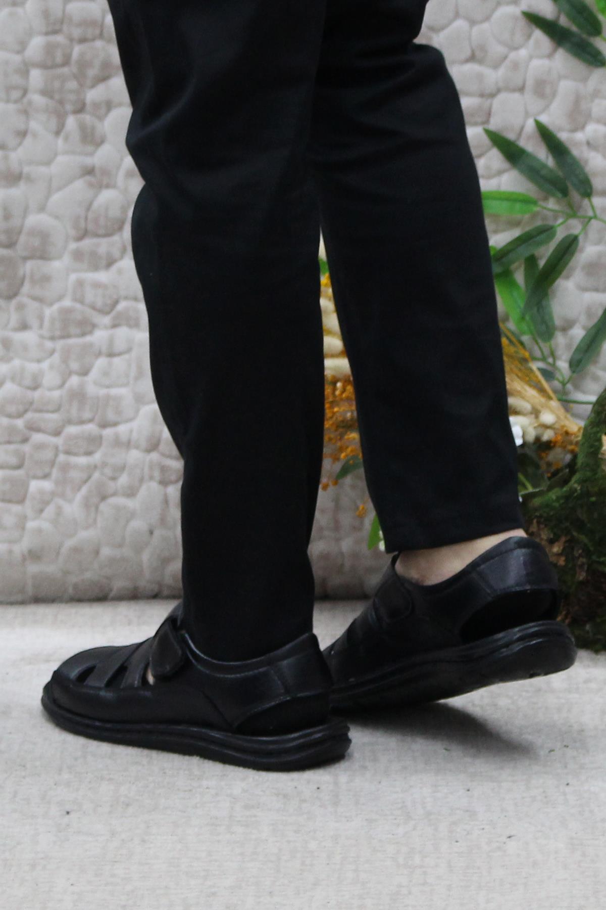 106 Siyah Kale Comfort Hakiki Deri Erkek Sandalet - Görsel 5