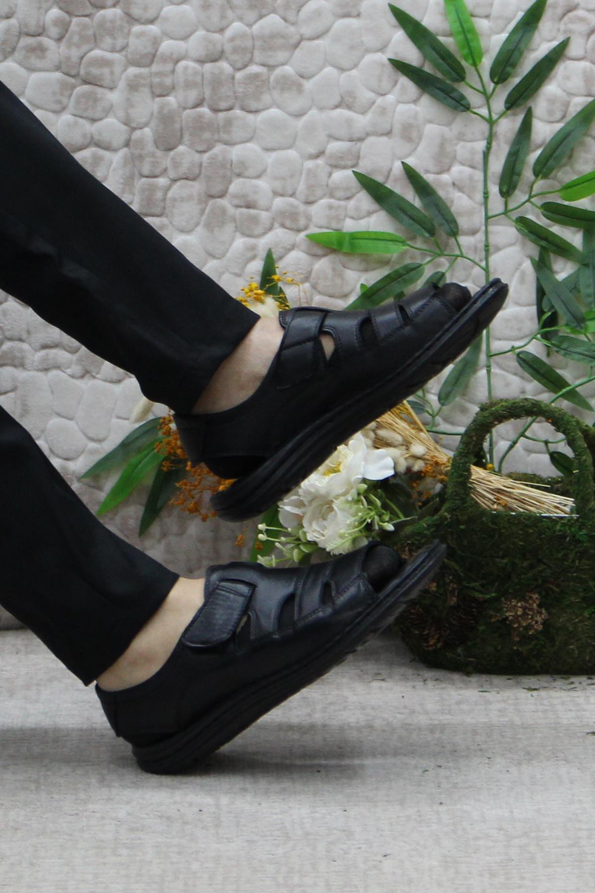 106 Siyah Kale Comfort Hakiki Deri Erkek Sandalet - Görsel 6