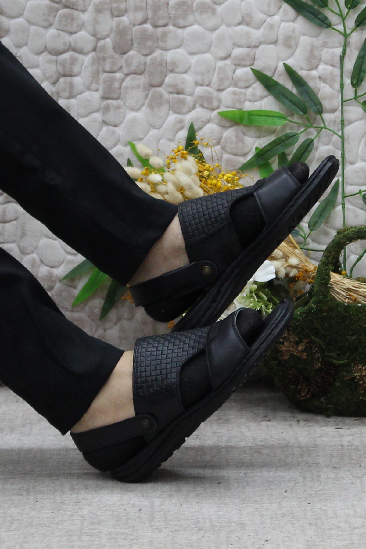 193 Siyah Axfor Comfort Hakiki Deri Erkek Sandalet Terlik - Görsel 6