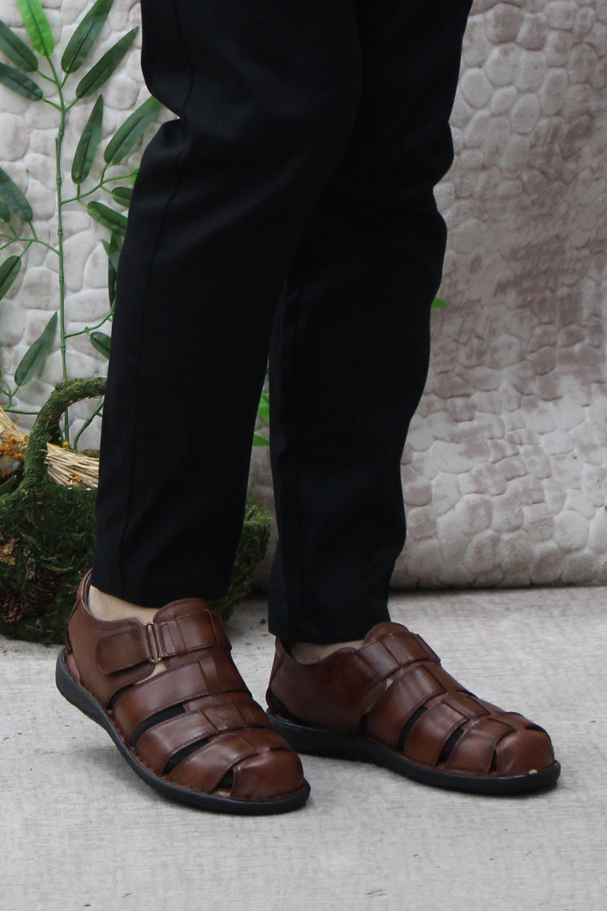 102 Taba Kale Comfort Hakiki Deri Erkek Sandalet - Görsel 3