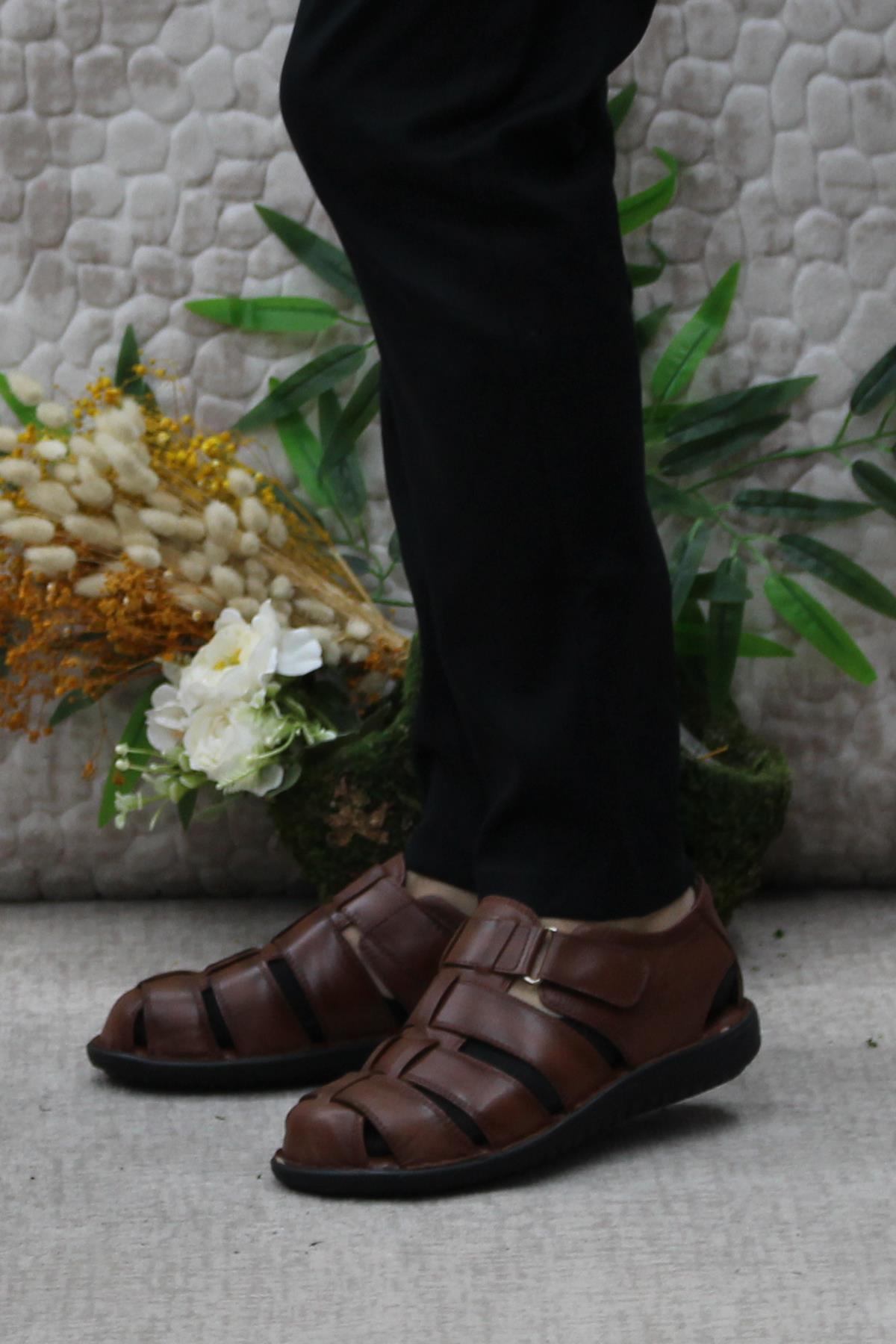 102 Taba Kale Comfort Hakiki Deri Erkek Sandalet - Görsel 4