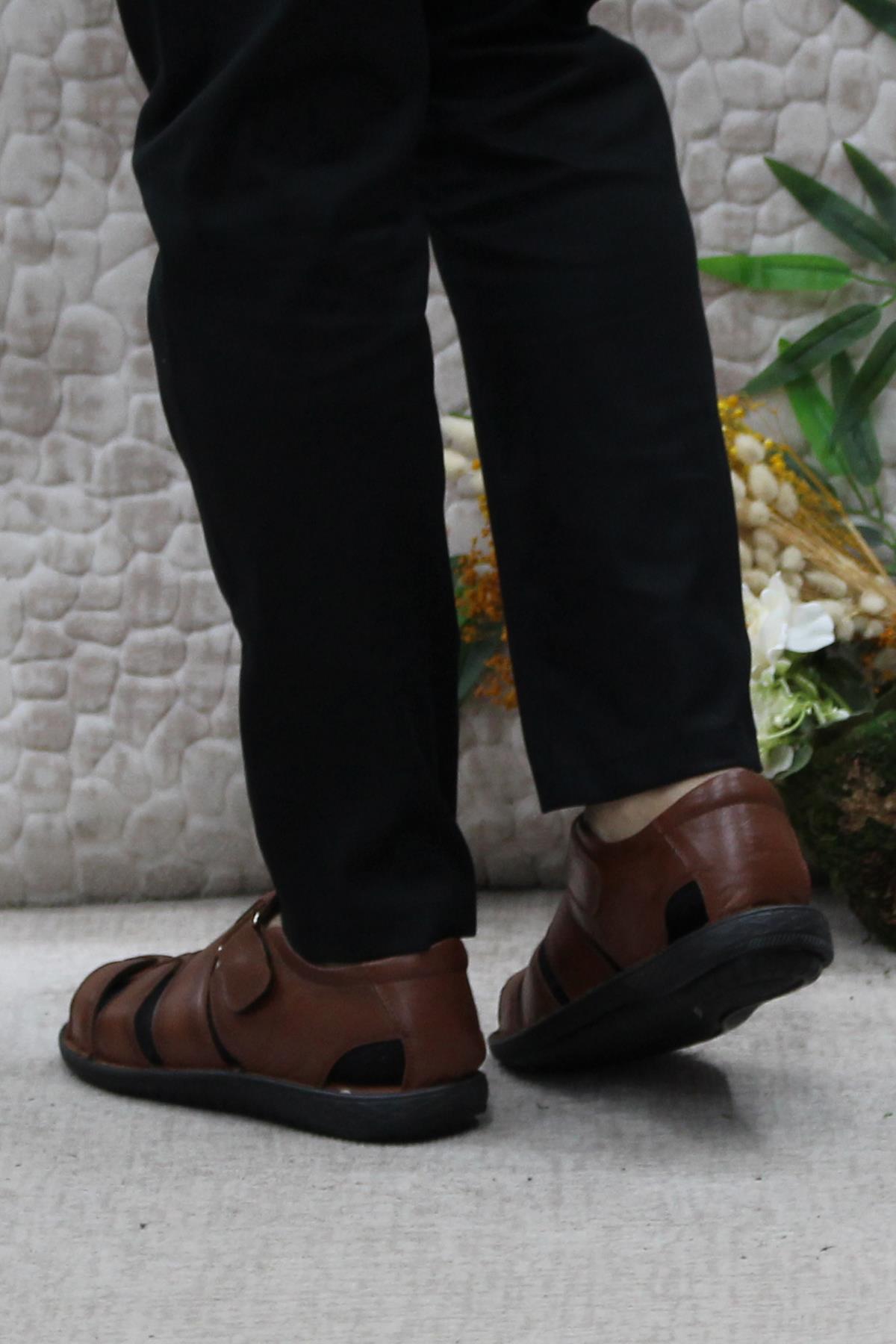 102 Taba Kale Comfort Hakiki Deri Erkek Sandalet - Görsel 5