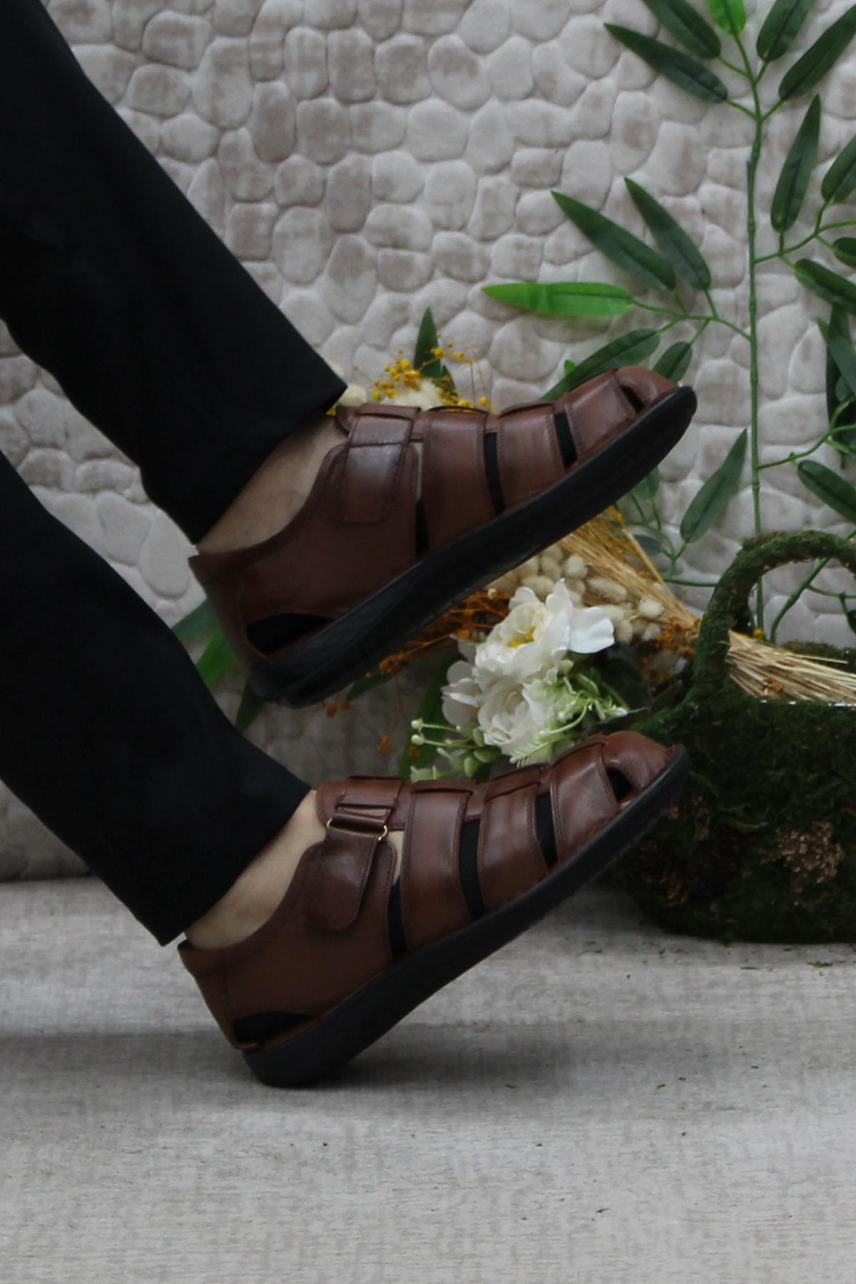 102 Taba Kale Comfort Hakiki Deri Erkek Sandalet - Görsel 6