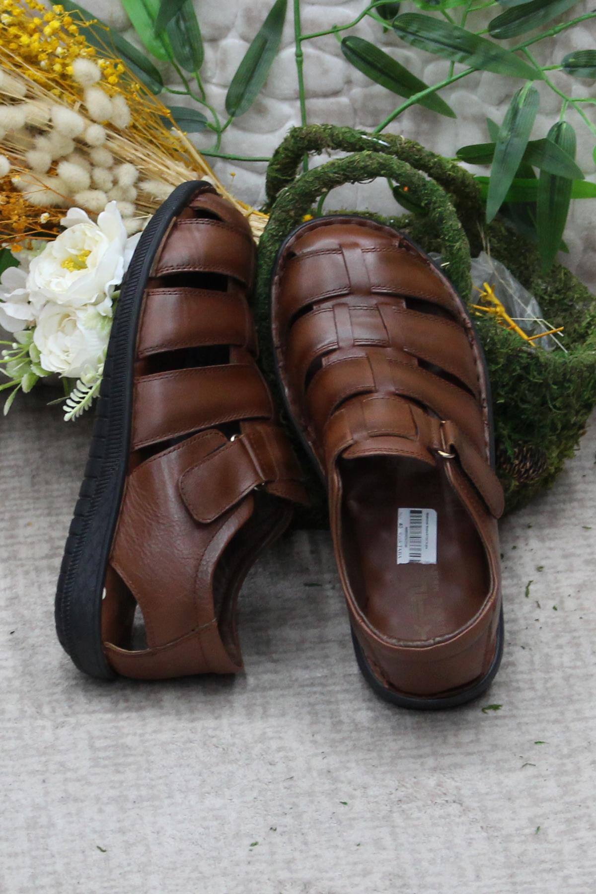 102 Taba Kale Comfort Hakiki Deri Erkek Sandalet - Görsel 7