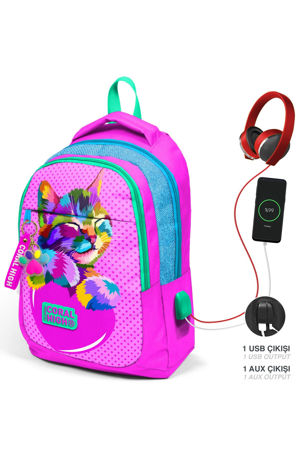 Kids Pembe Simli Kedi Desenli Üç Bölmeli Usb'li Okul Sırt Çantası 24301