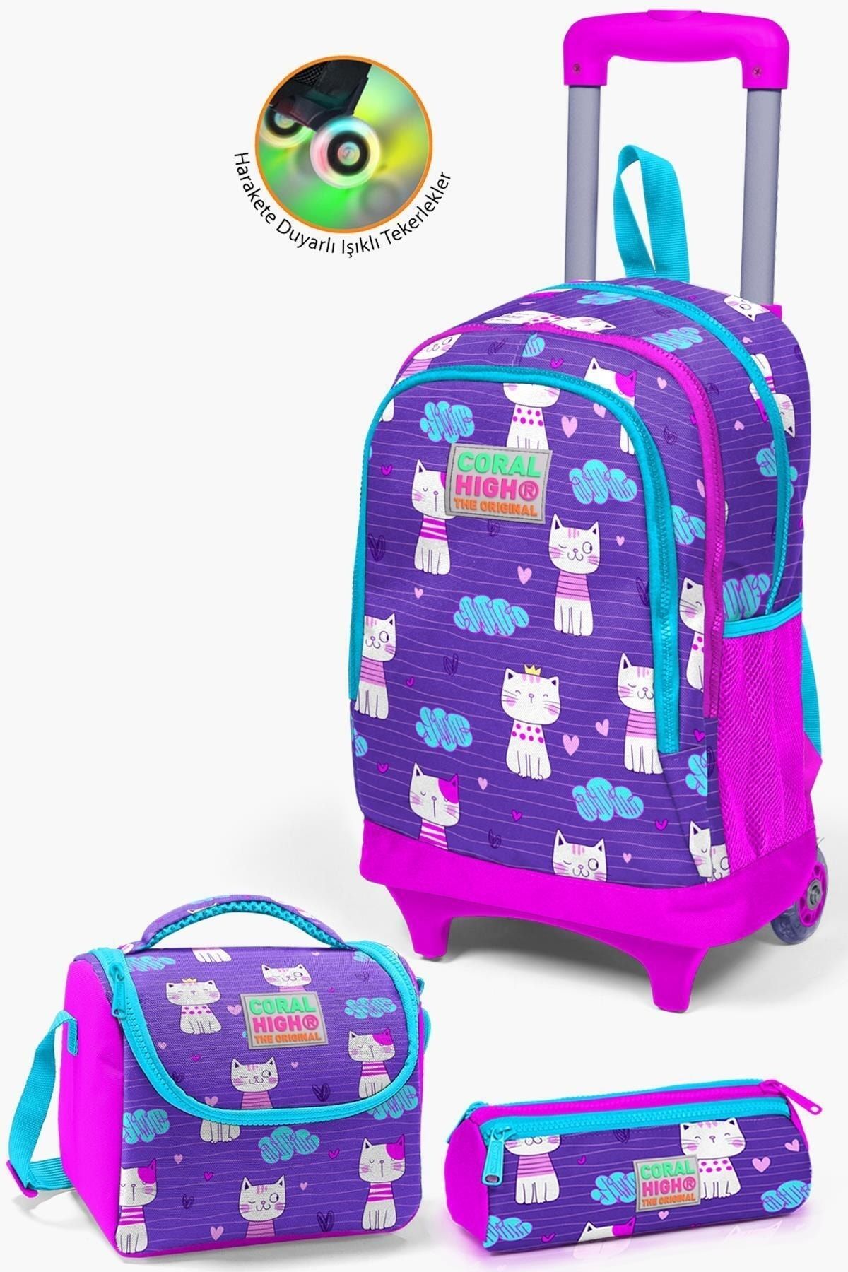 Kids Mor Pembe Kedi Desenli Çekçekli 3'lü Çanta Seti SET0123360