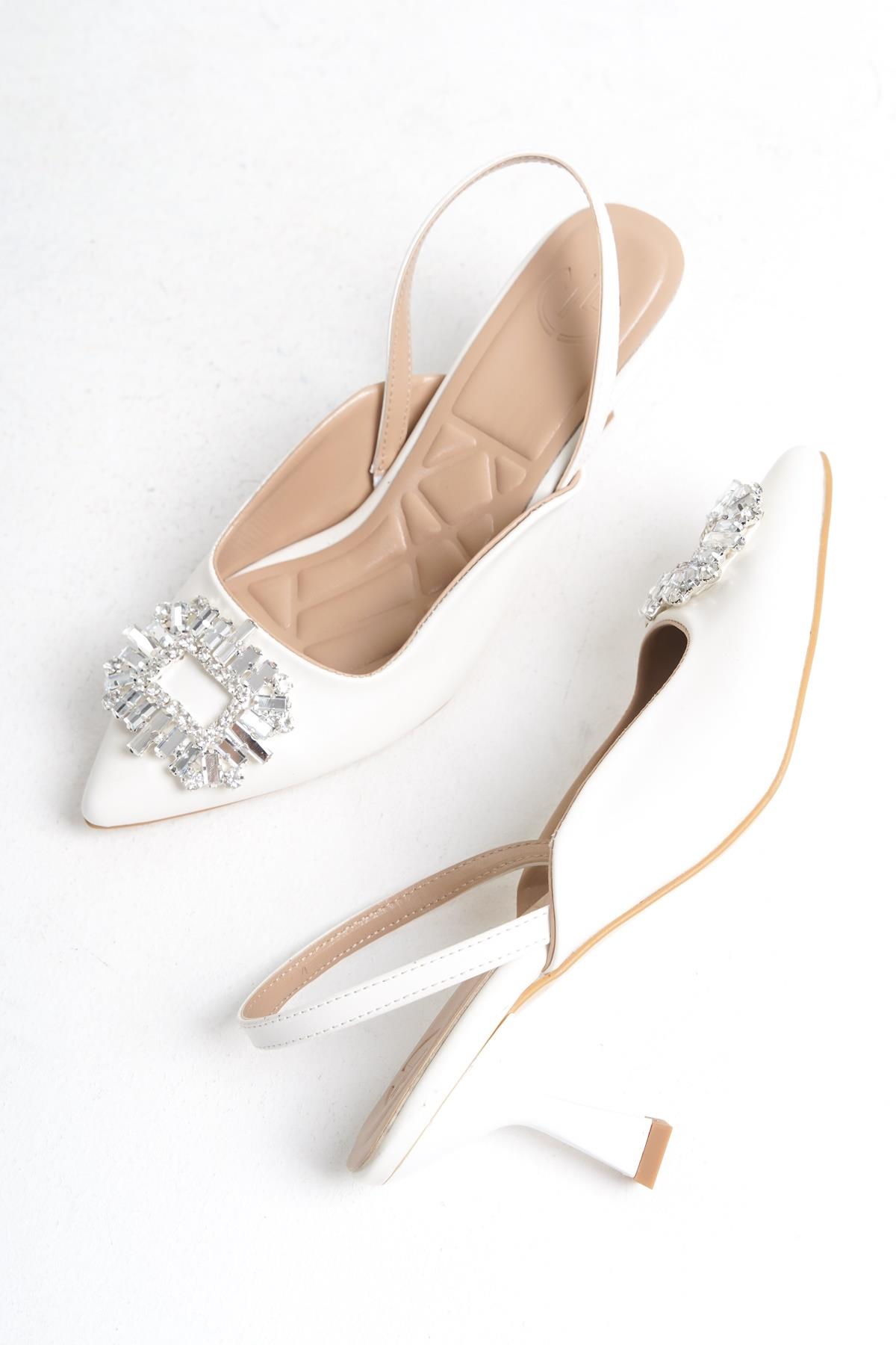 Elizabeth Beyaz Taşlı Stiletto Arkası Açık Abiye Ayakkabı - Görsel 3