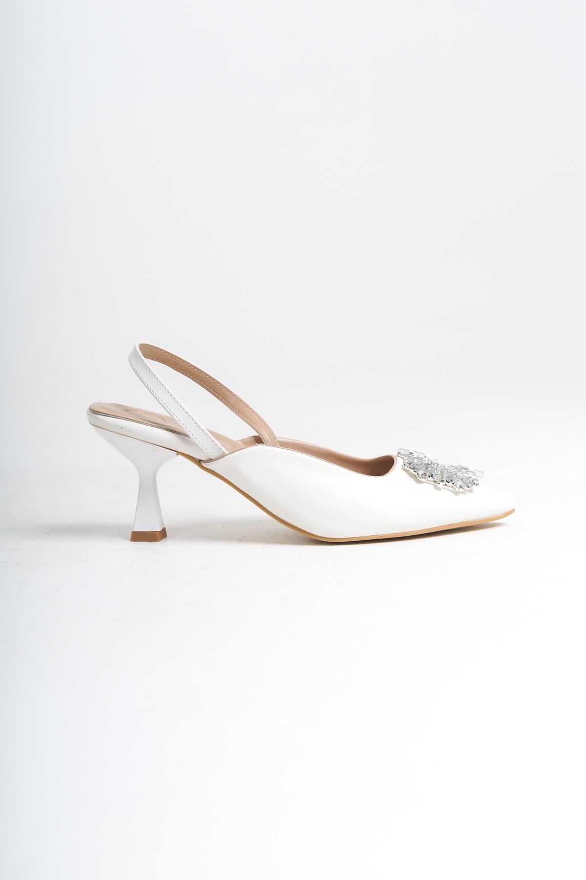 Elizabeth Beyaz Taşlı Stiletto Arkası Açık Abiye Ayakkabı - Görsel 5