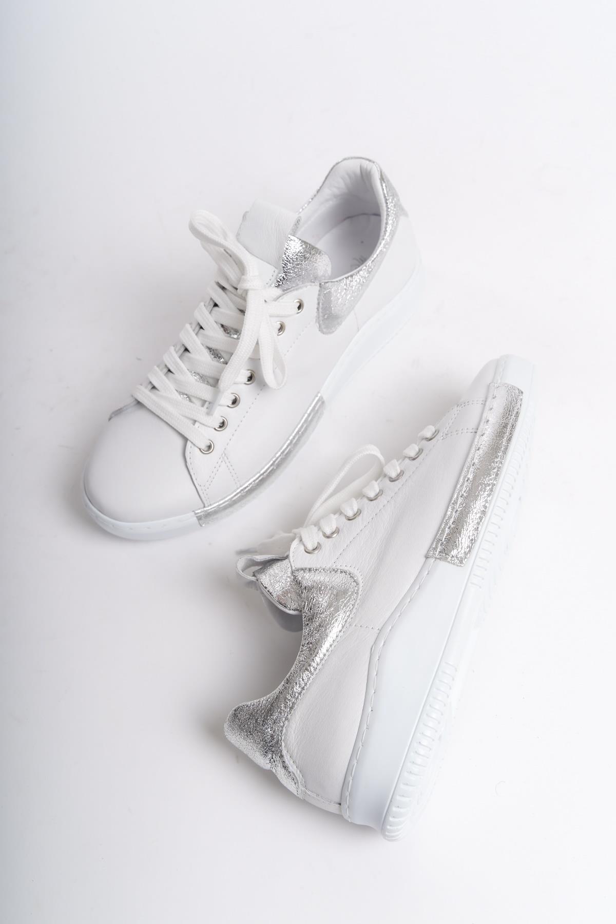 Harry Gümüş Beyaz Hakiki Deri Sneaker Kadın Günlük Spor Ayakkabı - Görsel 3
