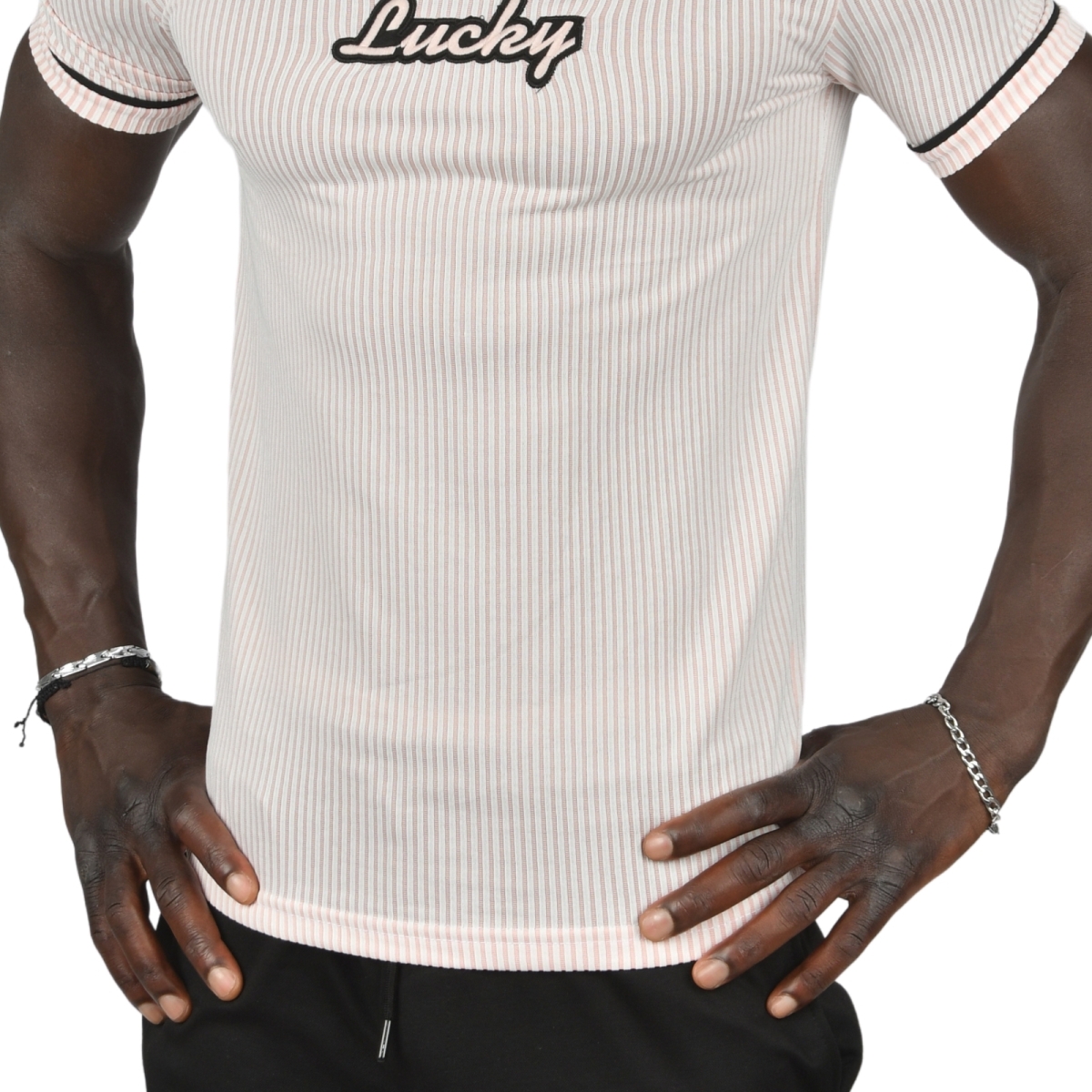 DeepSEA Erkek Pudra Slim Fit Çizgili Yaka ve Kolları Şeritli Likralı ...