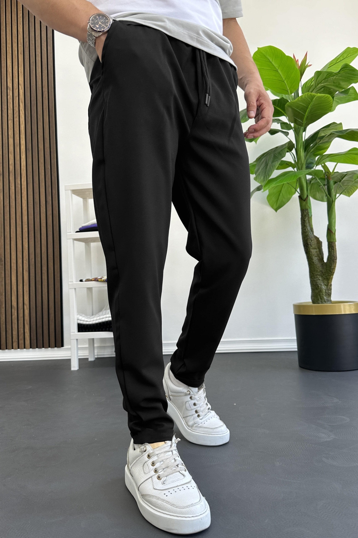 Erkek Slim Fit Beli Lastikli Jogger Pantolon Siyah Edw140