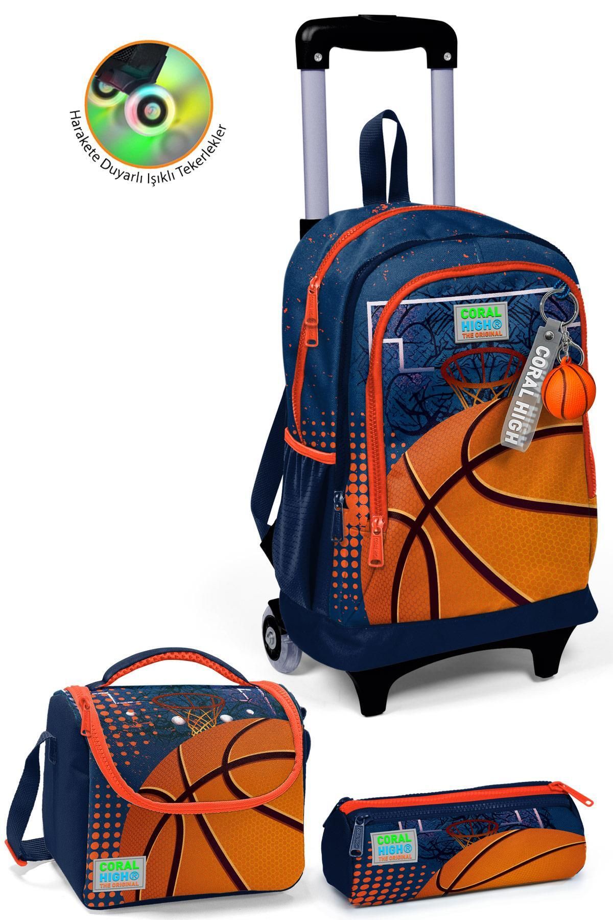 Kids Turuncu Lacivert Basketbol Desenli Üç Bölmeli Çekçekli 3'lü Çanta Seti SET0123966