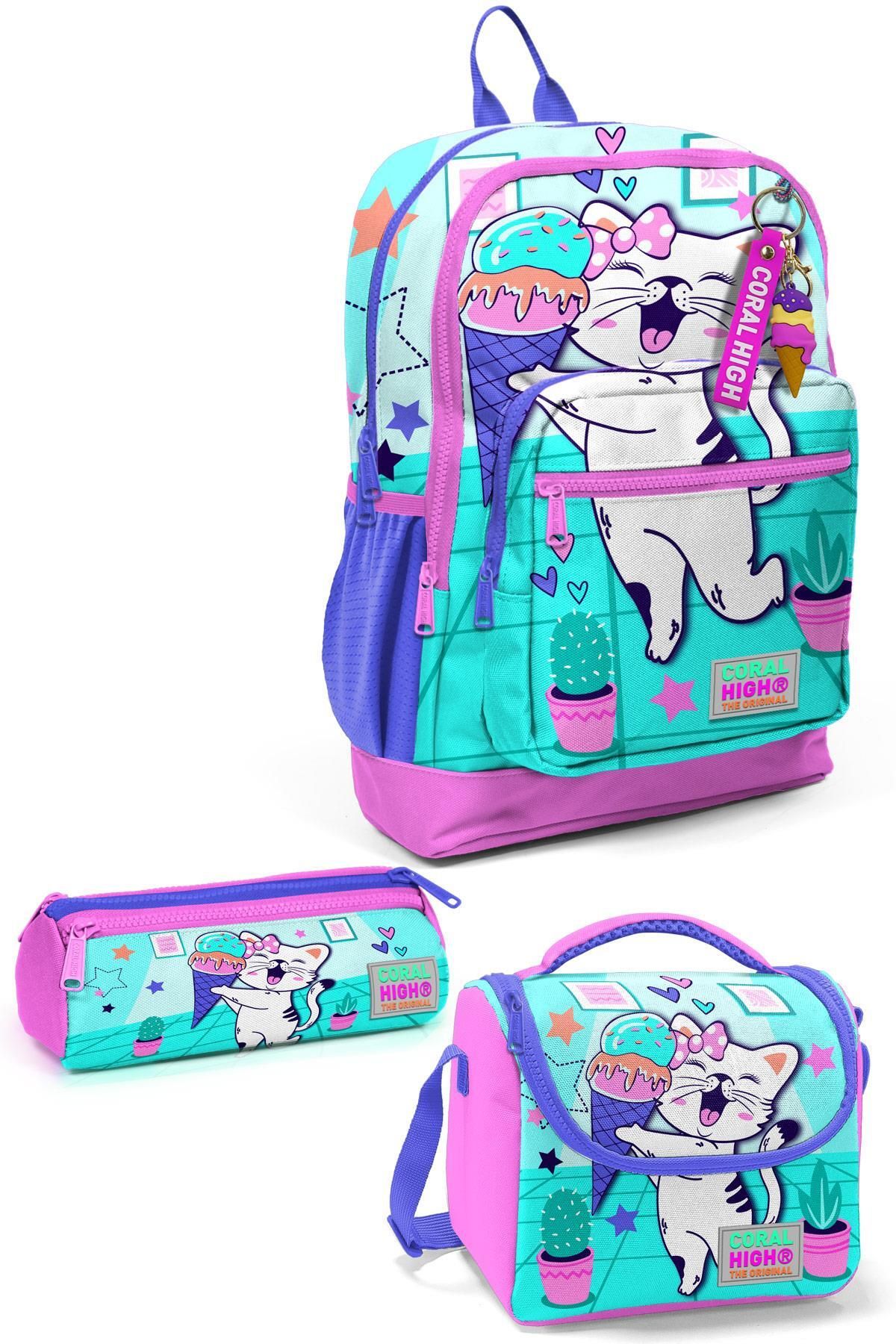 Kids Turkuaz Pembe Dondurmalı Kedi Desenli 3’lü Okul Çanta Seti SET0123751