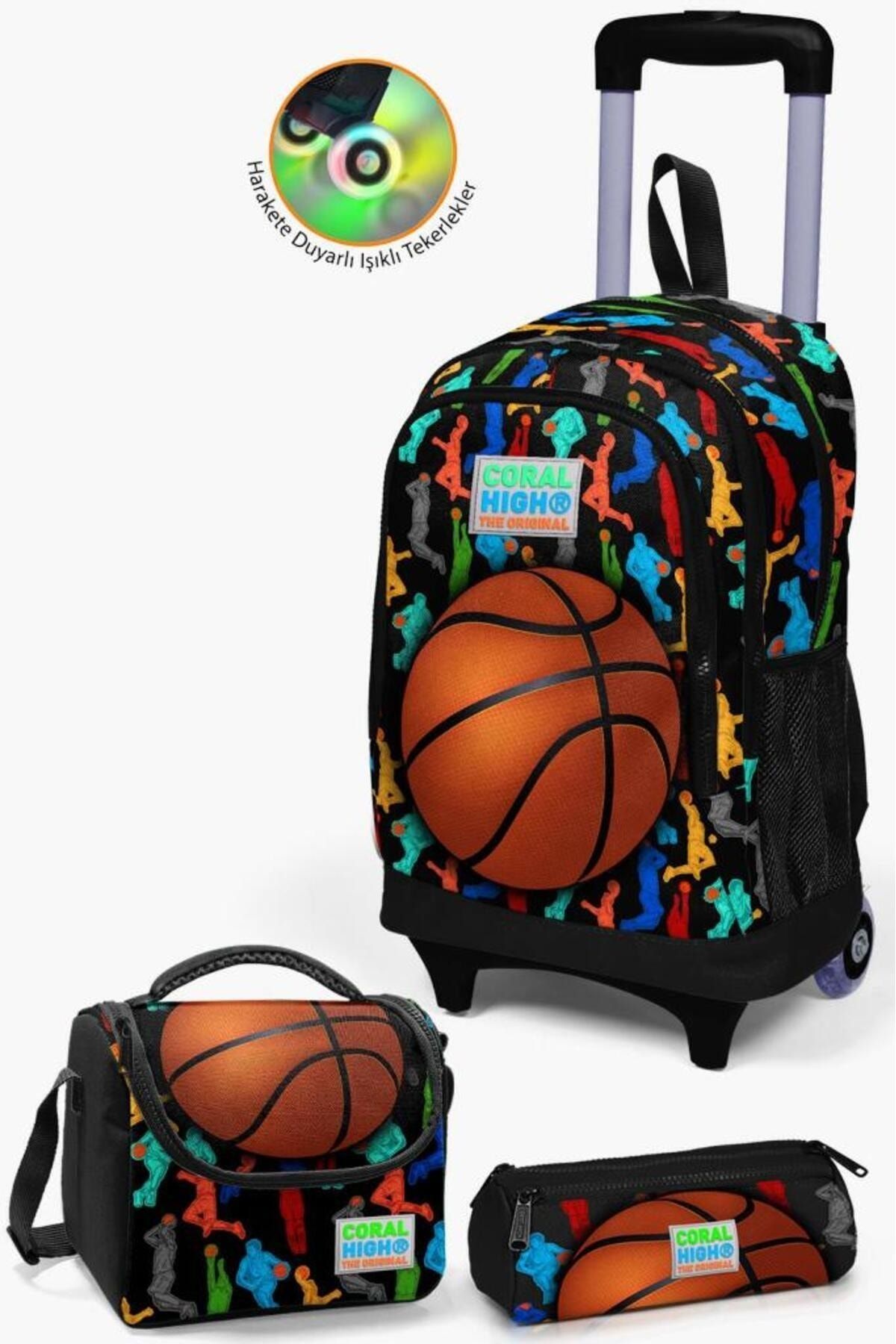 Kids Siyah Basketbol Desenli Çekçekli 3'lü Çanta Seti SET0123377