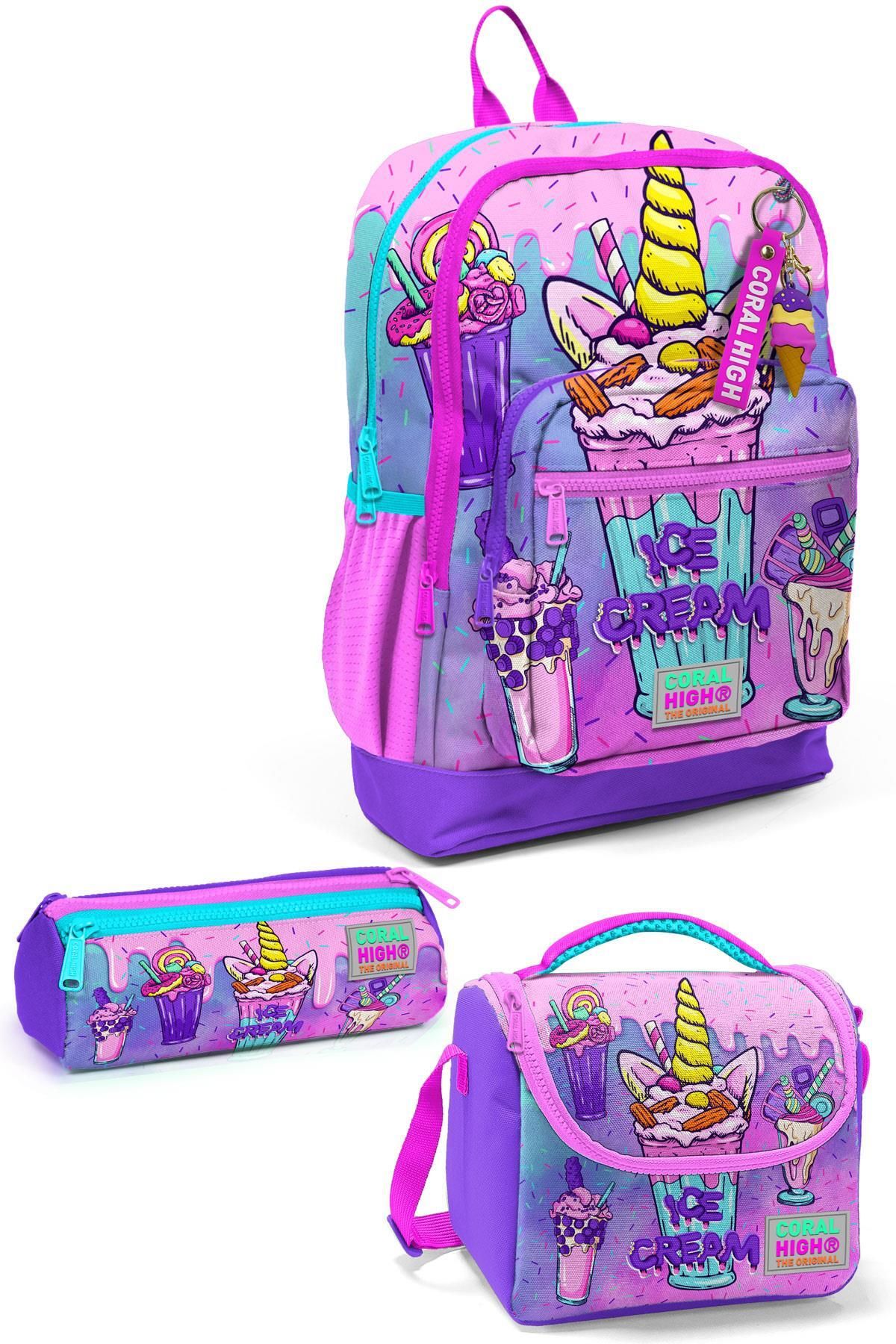 Kids Pembe Mor Milkshake Dondurma Desenli 3’lü Okul Çanta Seti SET0123749