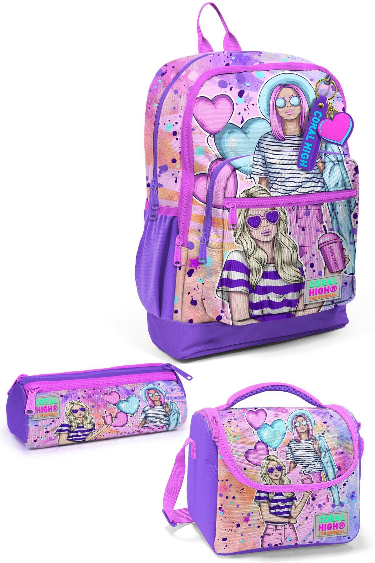 Kids Pembe Mor Fashion Girl Desenli 3’lü Okul Çanta Seti SET0123755