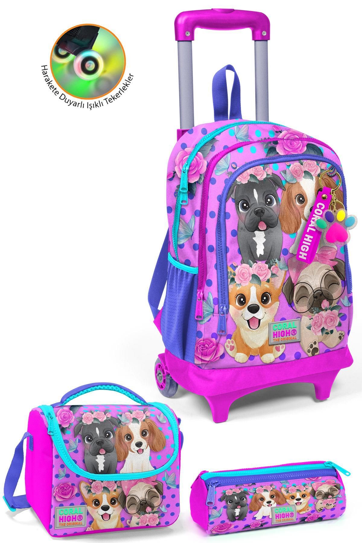 Kids Pembe Köpek Desenli Üç Bölmeli Çekçekli3'lü Çanta Seti SET0123950