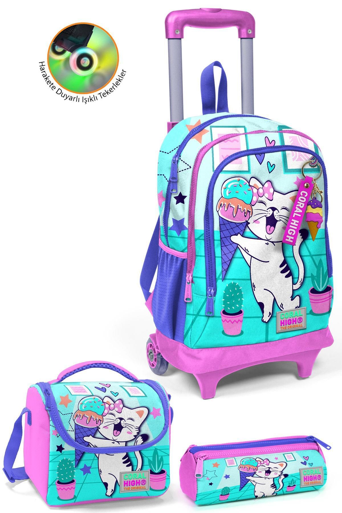 Kids Turkuaz Pembe Dondurmalı Kedi Desenli Üç Bölmeli Çekçekli 3'lü Çanta Seti SET0123951