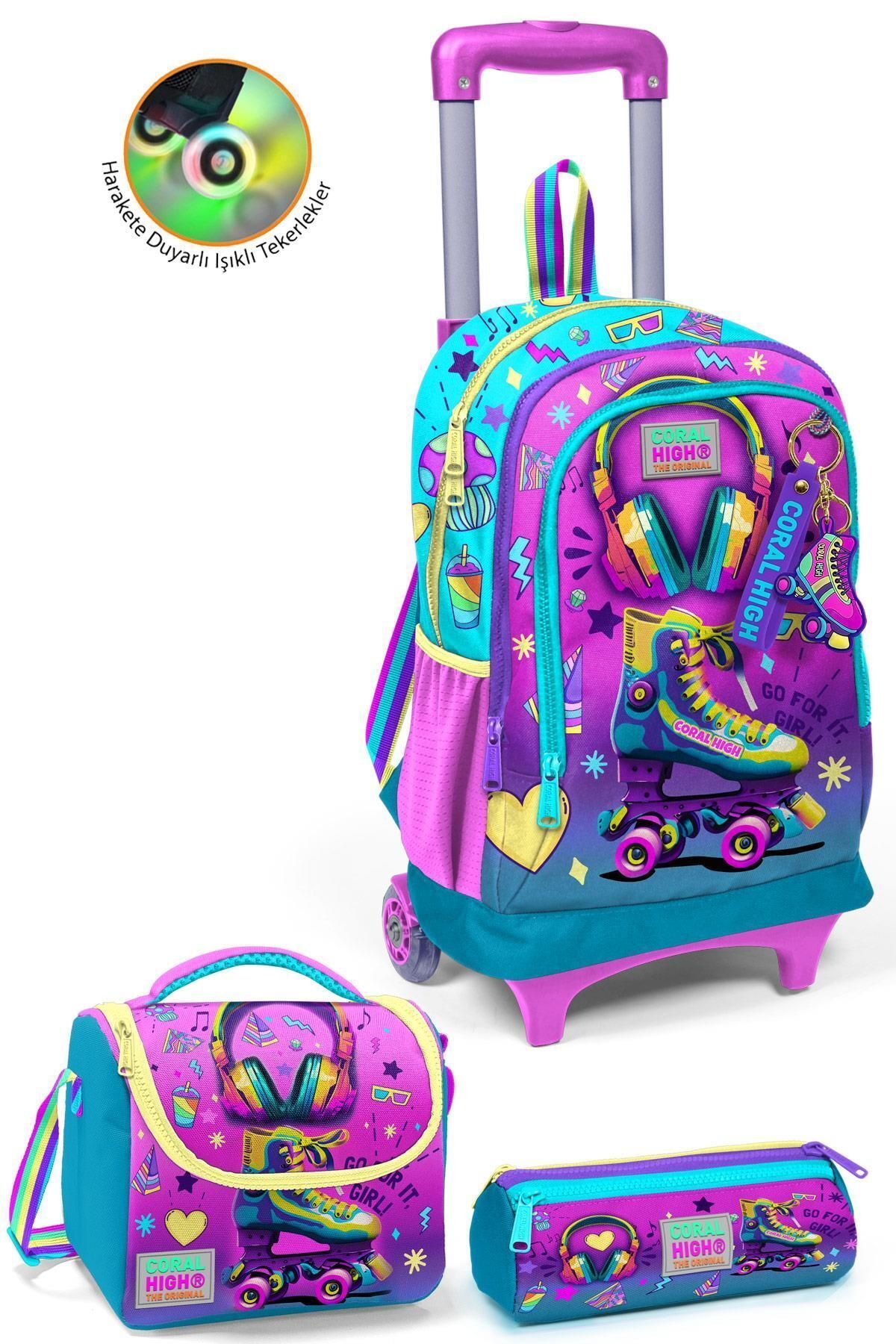 Kids Pembe Turkuaz Kulaklık Paten Desenli Çekçekli 3'lü Çanta Seti Set0123938