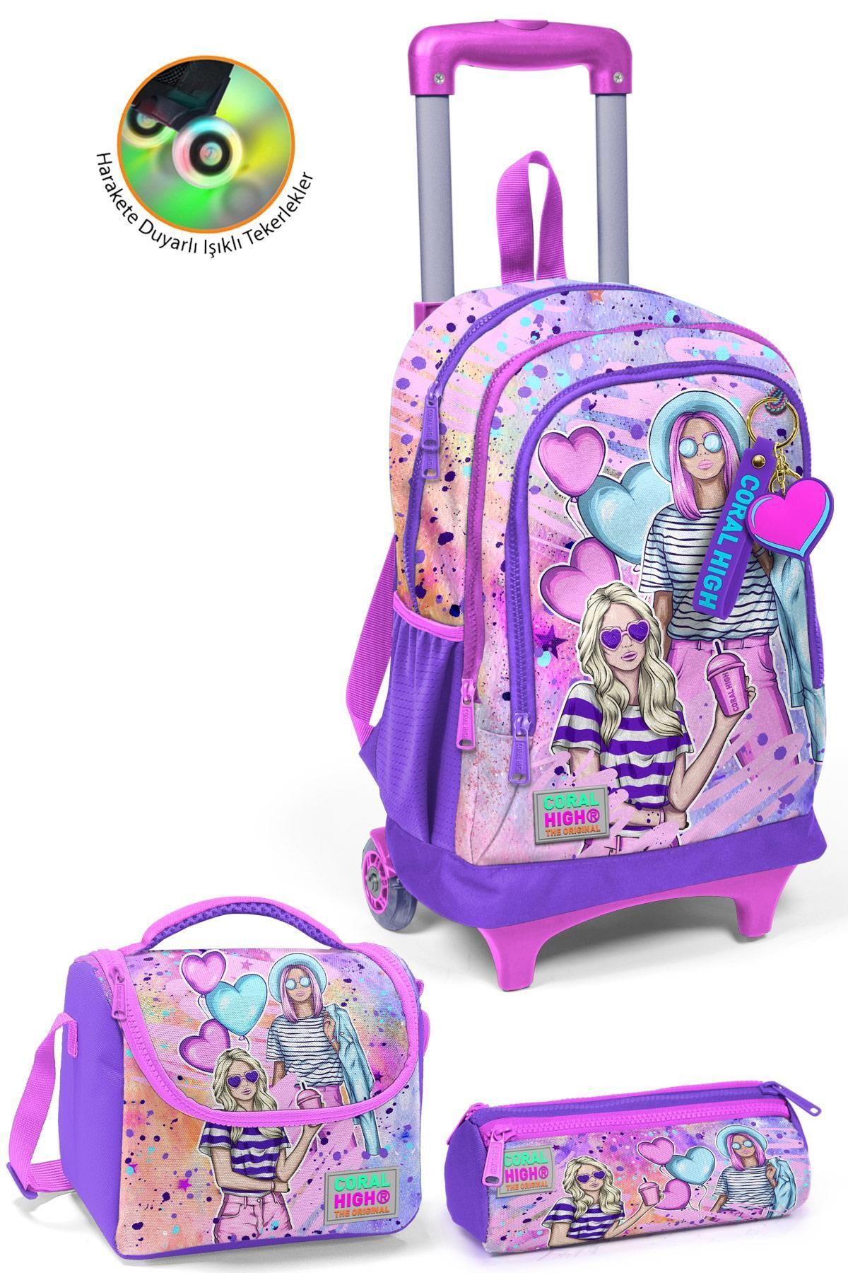 Kids Pembe Mor Fashion Girl Desenli Üç Bölmeli Çekçekli 3'lü Çanta Seti SET0123955