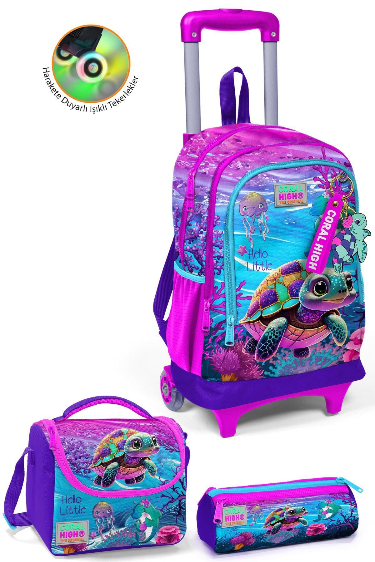 Kids Pembe Mor Kaplumbağa Desenli Üç Bölmeli Çekçekli 3'lü Çanta Seti SET0123956