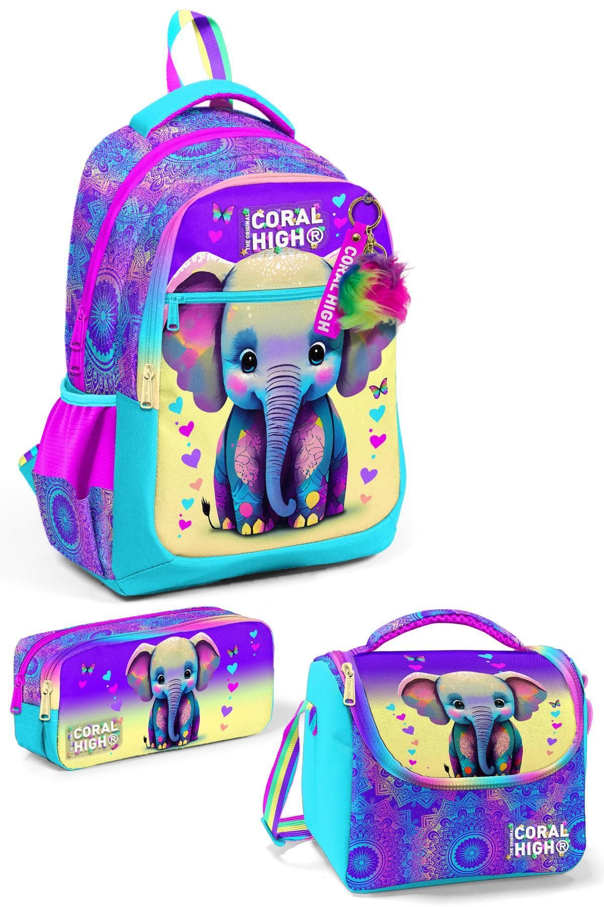 Kids Pembe Turkuaz Fil Desenli 3’lü Okul Çanta Seti SET0123650